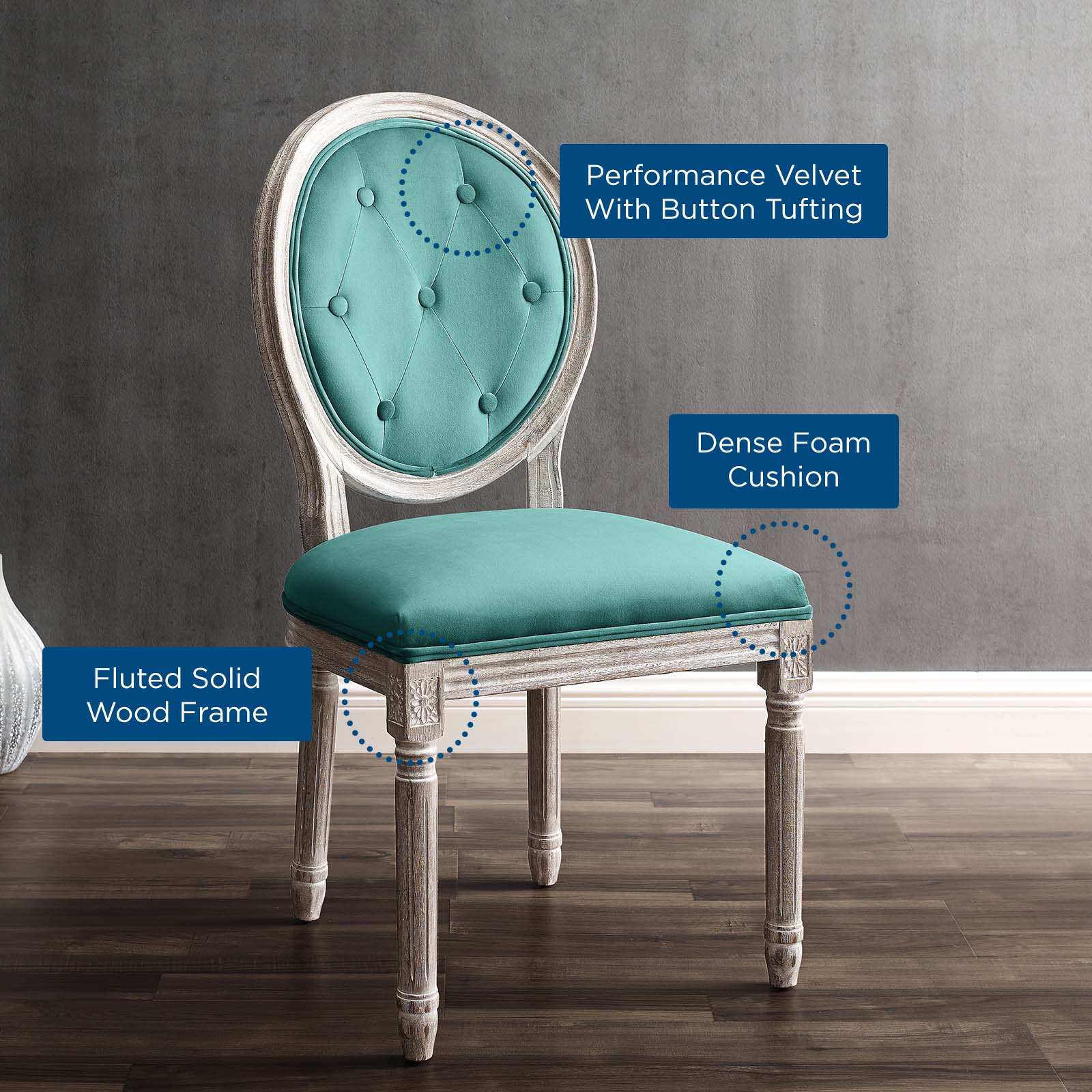 Modway Dining Chairs - Arise Vintage French Performance Velvet Dining Side Chair Natural Teal