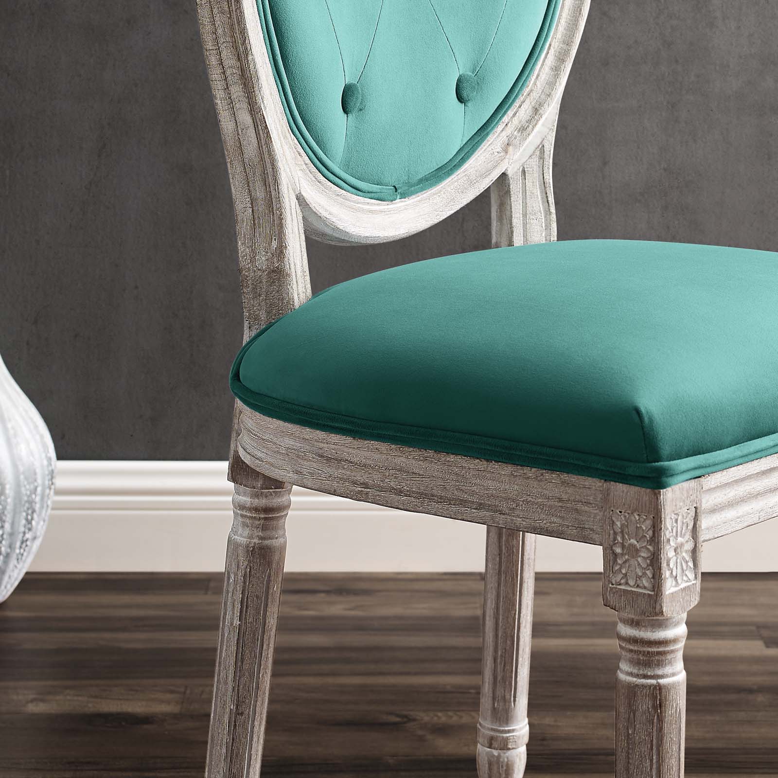 Modway Dining Chairs - Arise Vintage French Performance Velvet Dining Side Chair Natural Teal