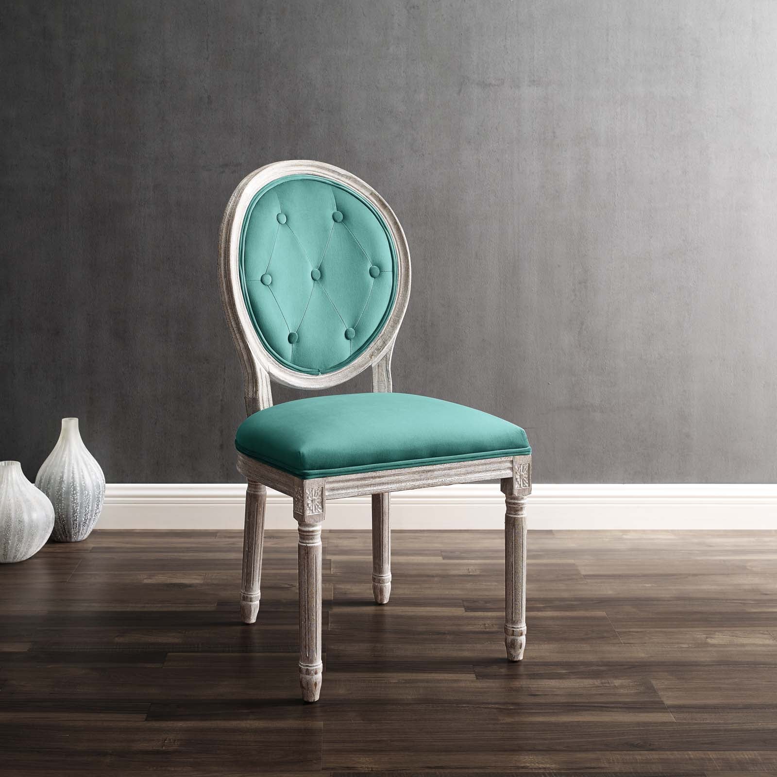 Modway Dining Chairs - Arise Vintage French Performance Velvet Dining Side Chair Natural Teal