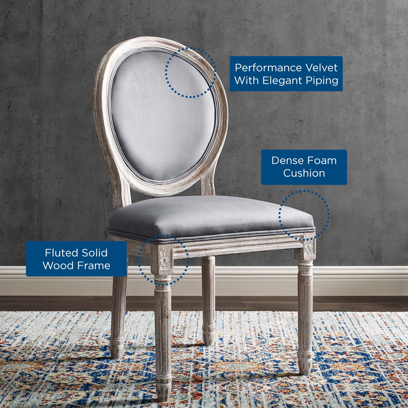 Modway Dining Chairs - Emanate Vintage French Performance Velvet Dining Side Chair Natural Gray
