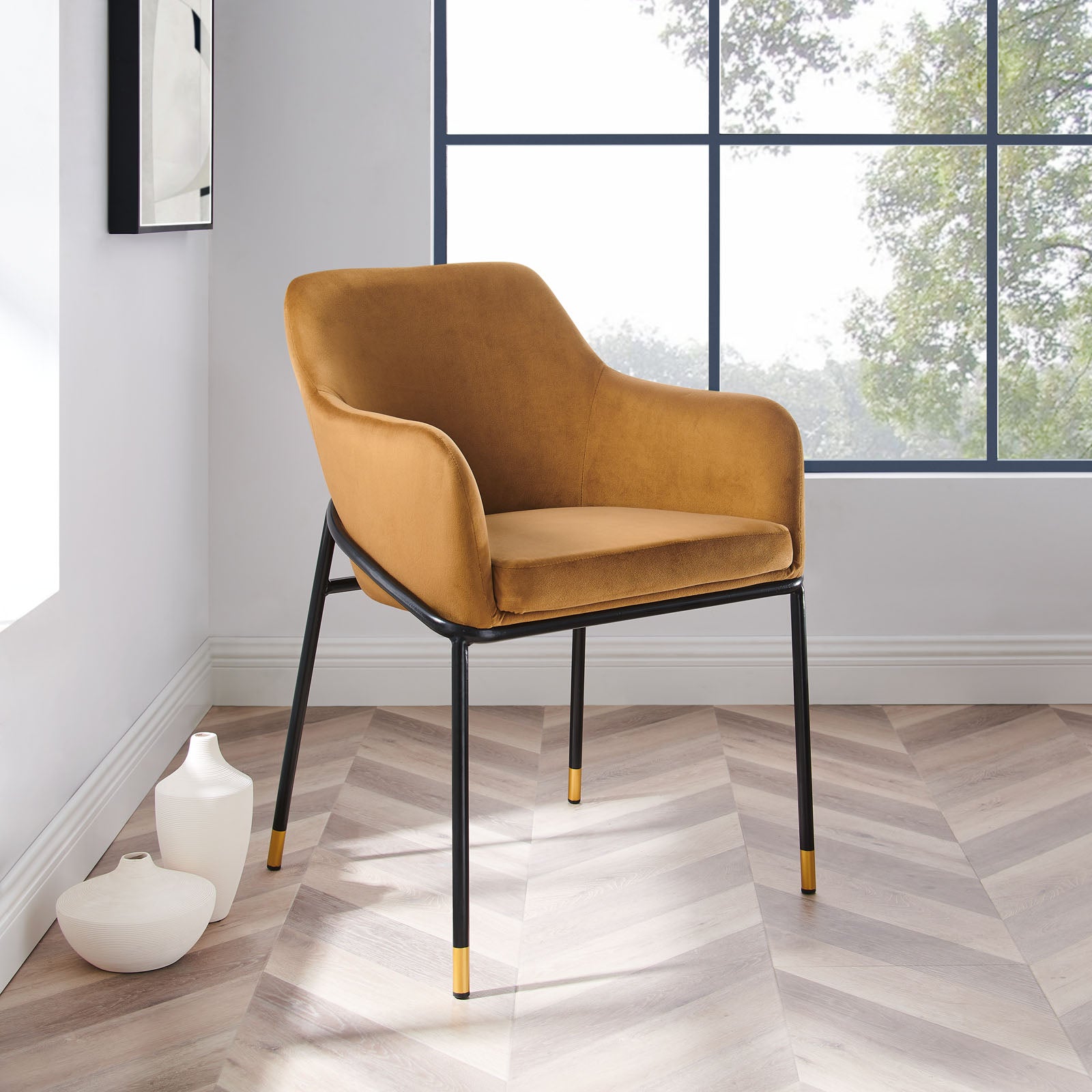 Modway Dining Chairs - Jovi Performance Velvet Dining Armchair Black Cognac