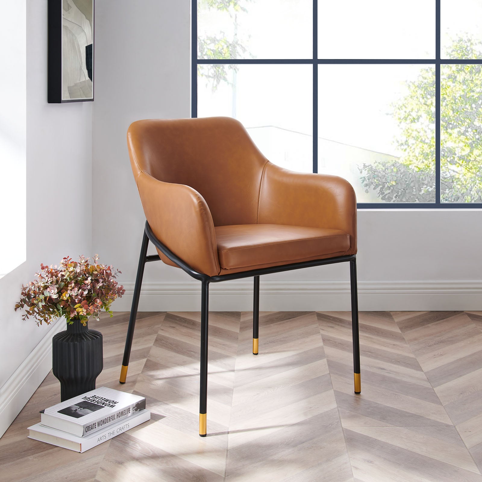 Modway Dining Chairs - Jovi-Vegan-Leather-Dining-Chair-Black-Tan