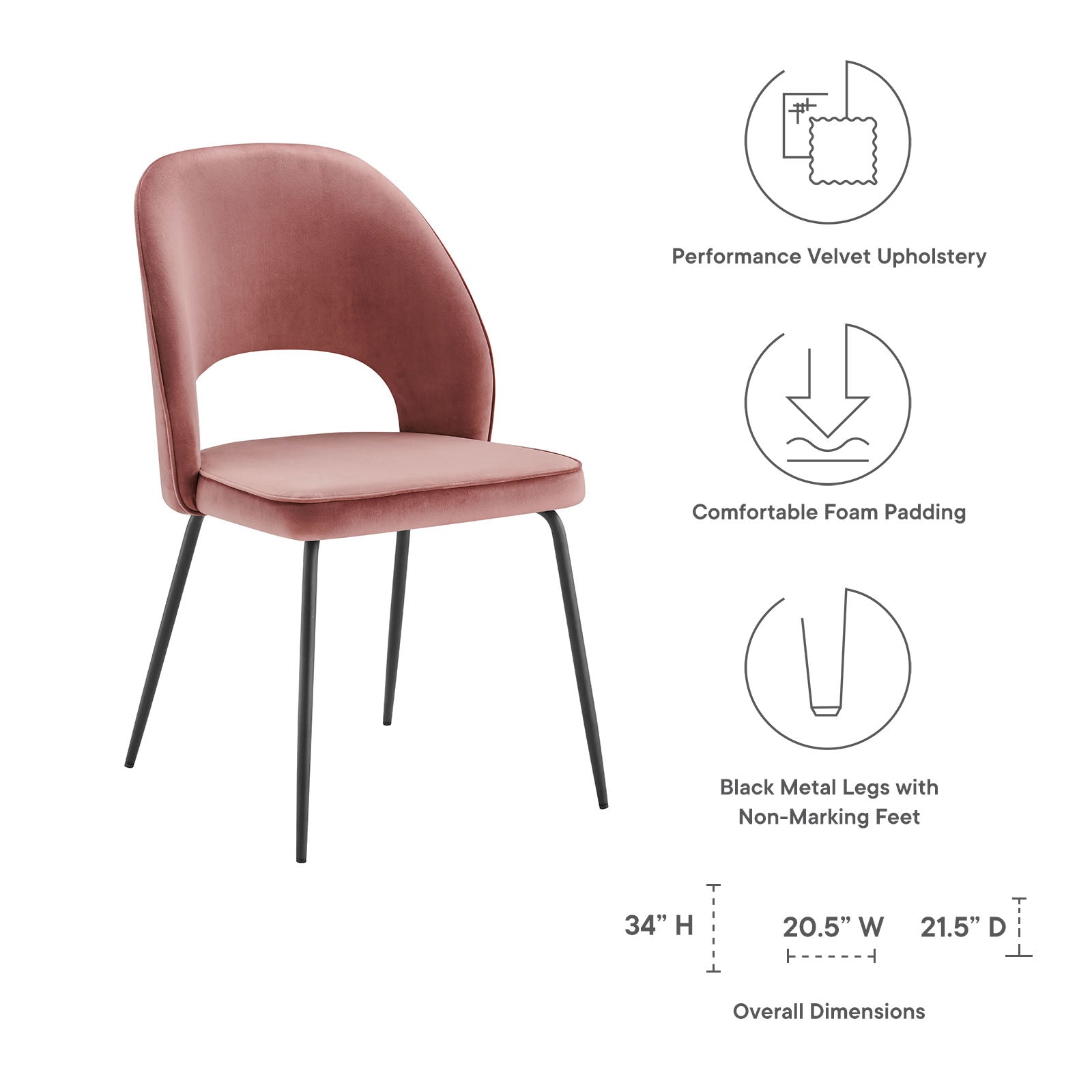 Modway Dining Chairs - Nico Performance Velvet Dining Chair Set of 2 Black Dusty Rose