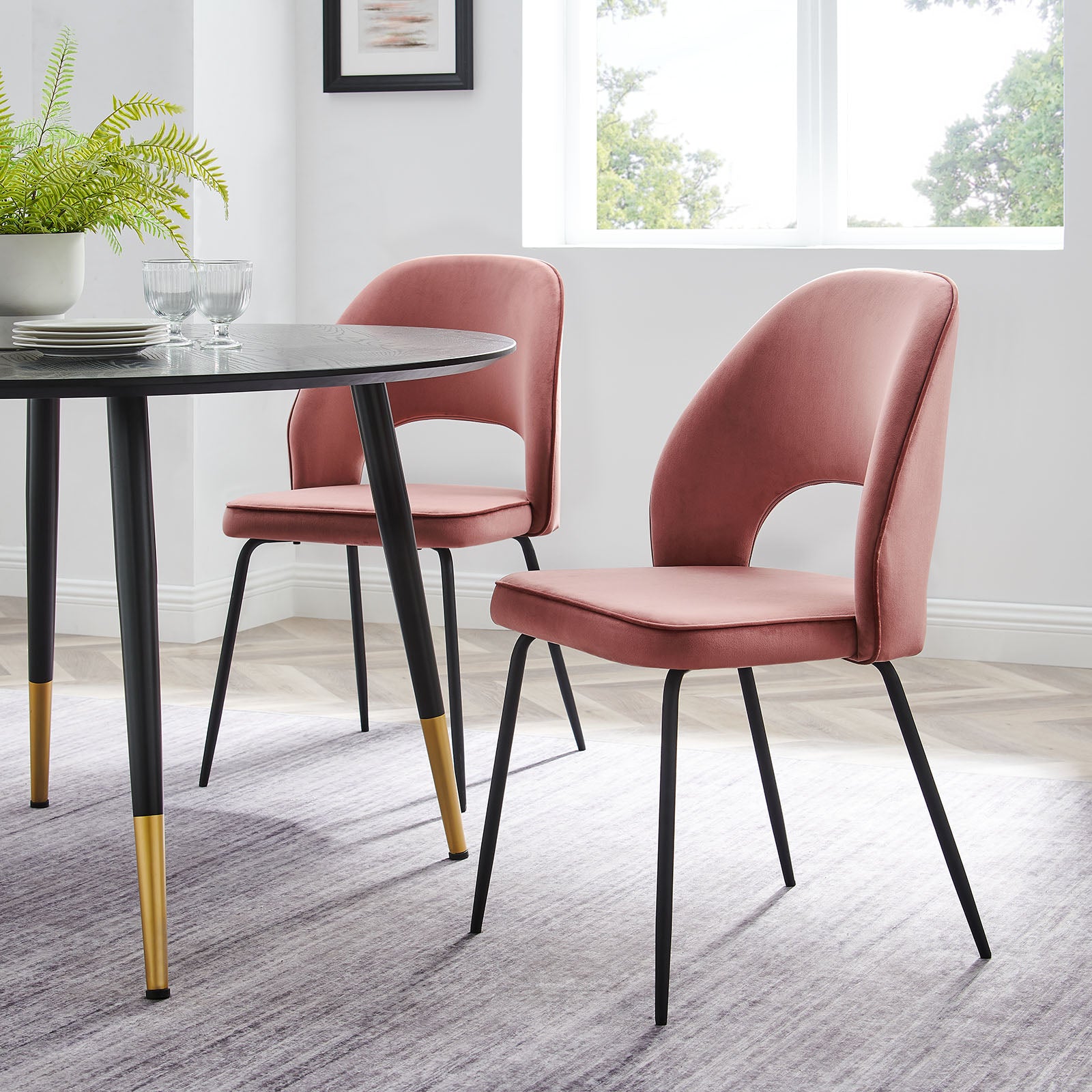 Modway Dining Chairs - Nico Performance Velvet Dining Chair Set of 2 Black Dusty Rose