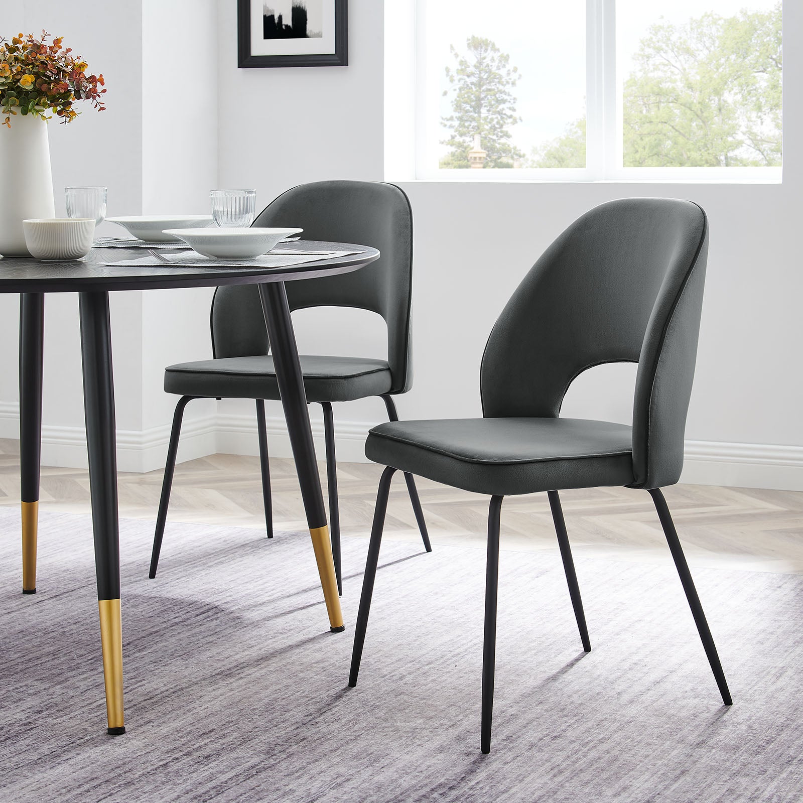 Modway Dining Chairs - Nico Performance Velvet Dining Chair Set of 2 Black Gray