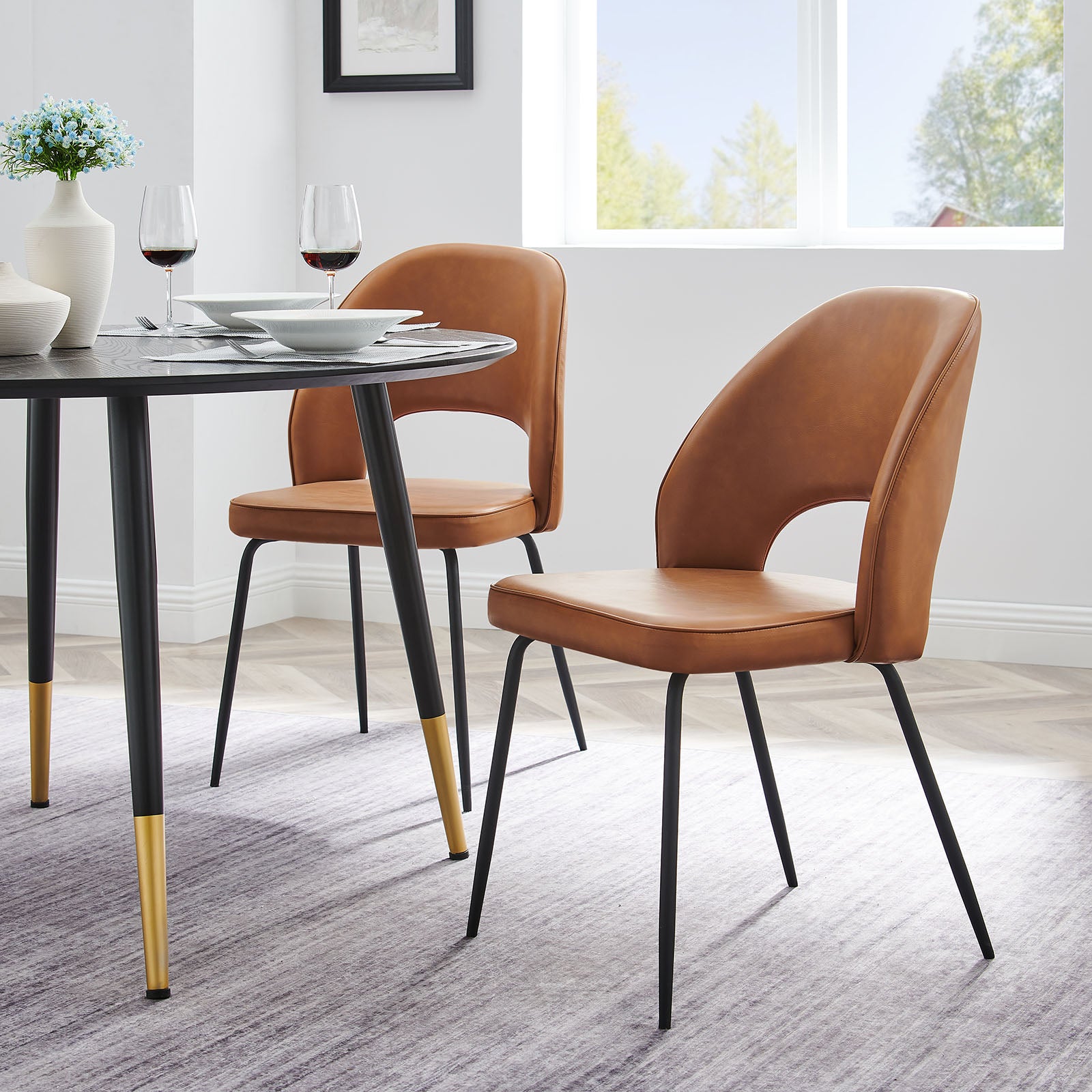 Modway Dining Chairs - Nico Vegan Leather Dining Chair Set of 2 Black Tan