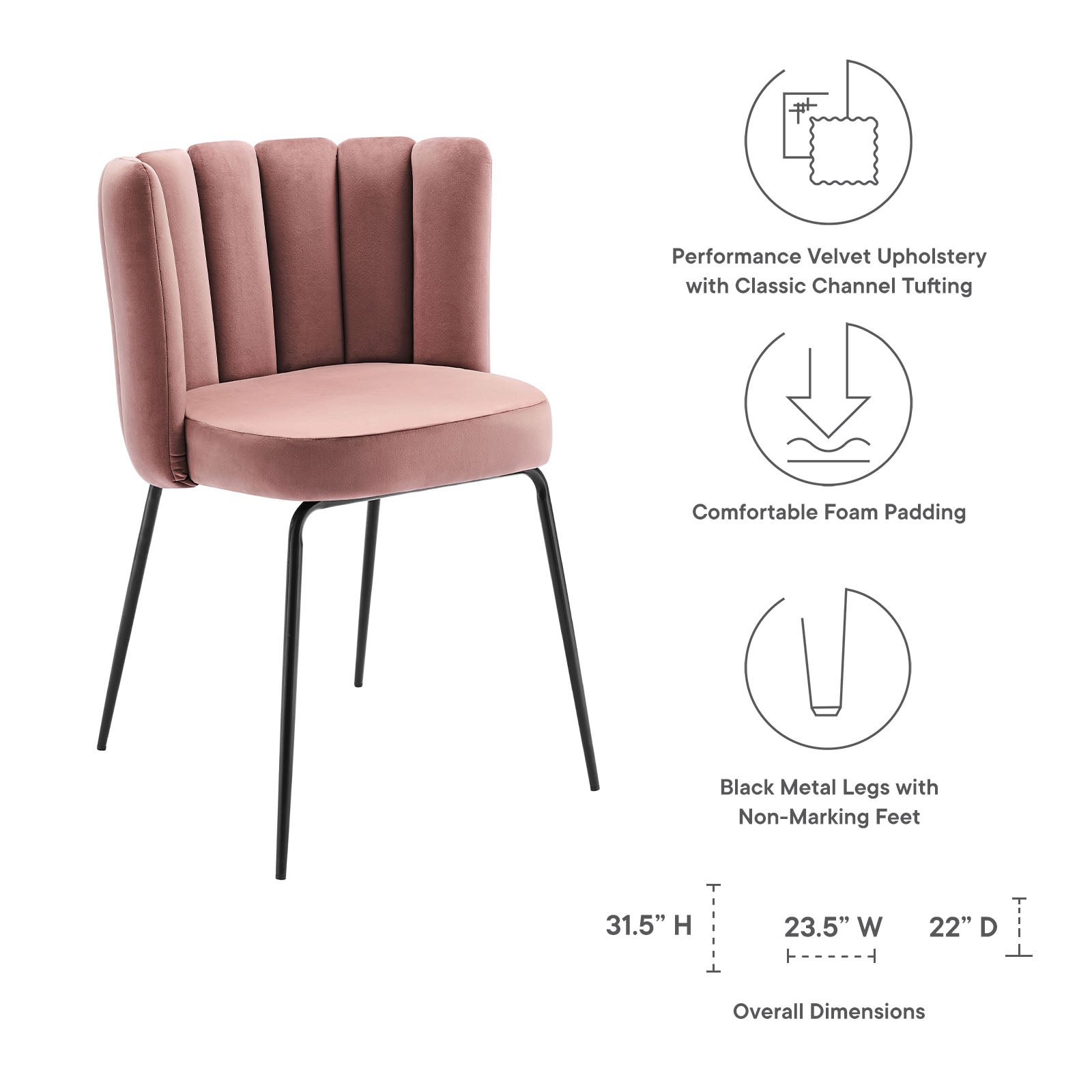 Modway Dining Chairs - Virtue Performance Velvet Dining Chair Set of 2 Black Dusty Rose