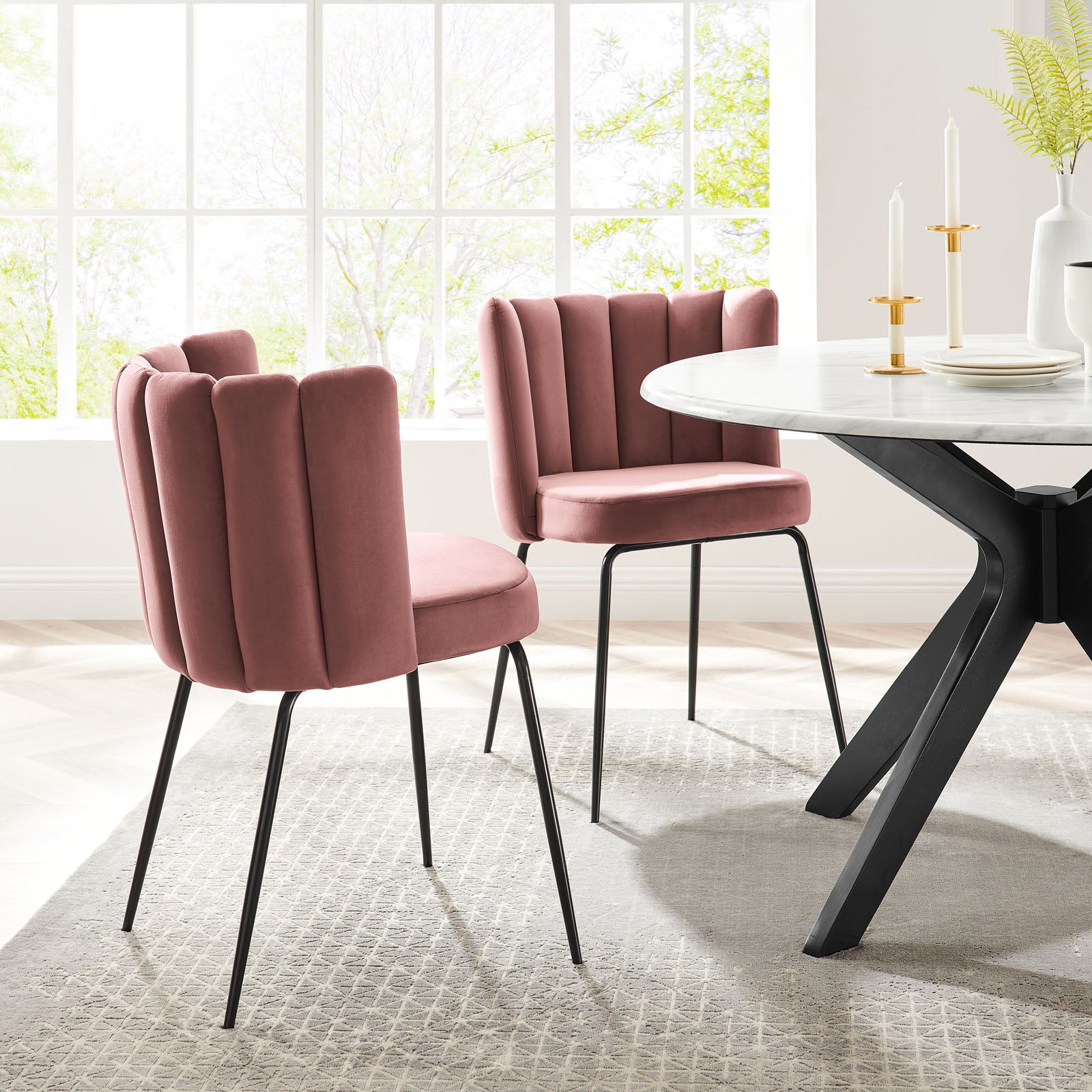 Modway Dining Chairs - Virtue Performance Velvet Dining Chair Set of 2 Black Dusty Rose