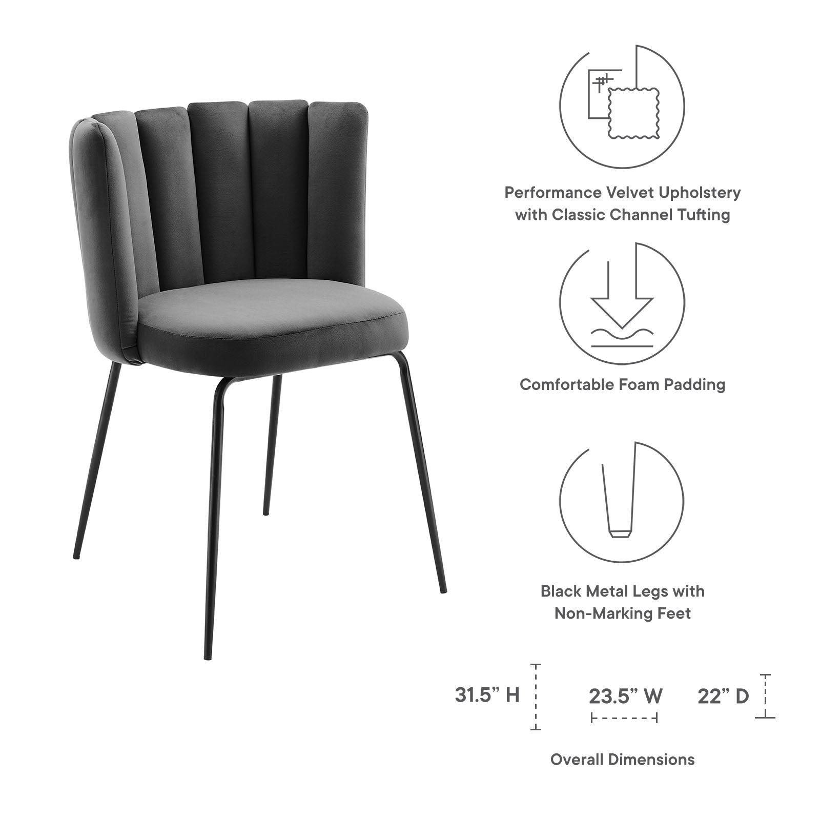 Modway Dining Chairs - Virtue Performance Velvet Dining Chair Set of 2 Black Gray