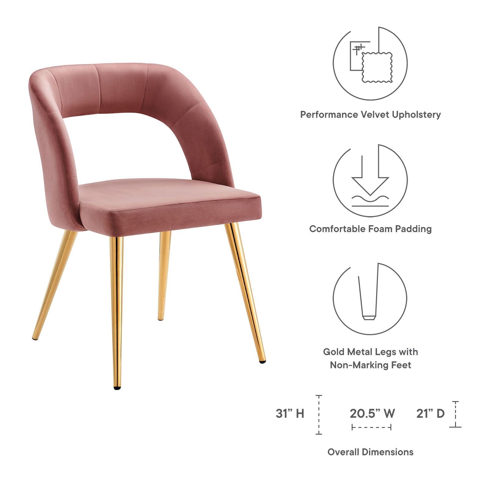 Modway Dining Chairs - Marciano Performance Velvet Dining Chair Gold Dusty Rose