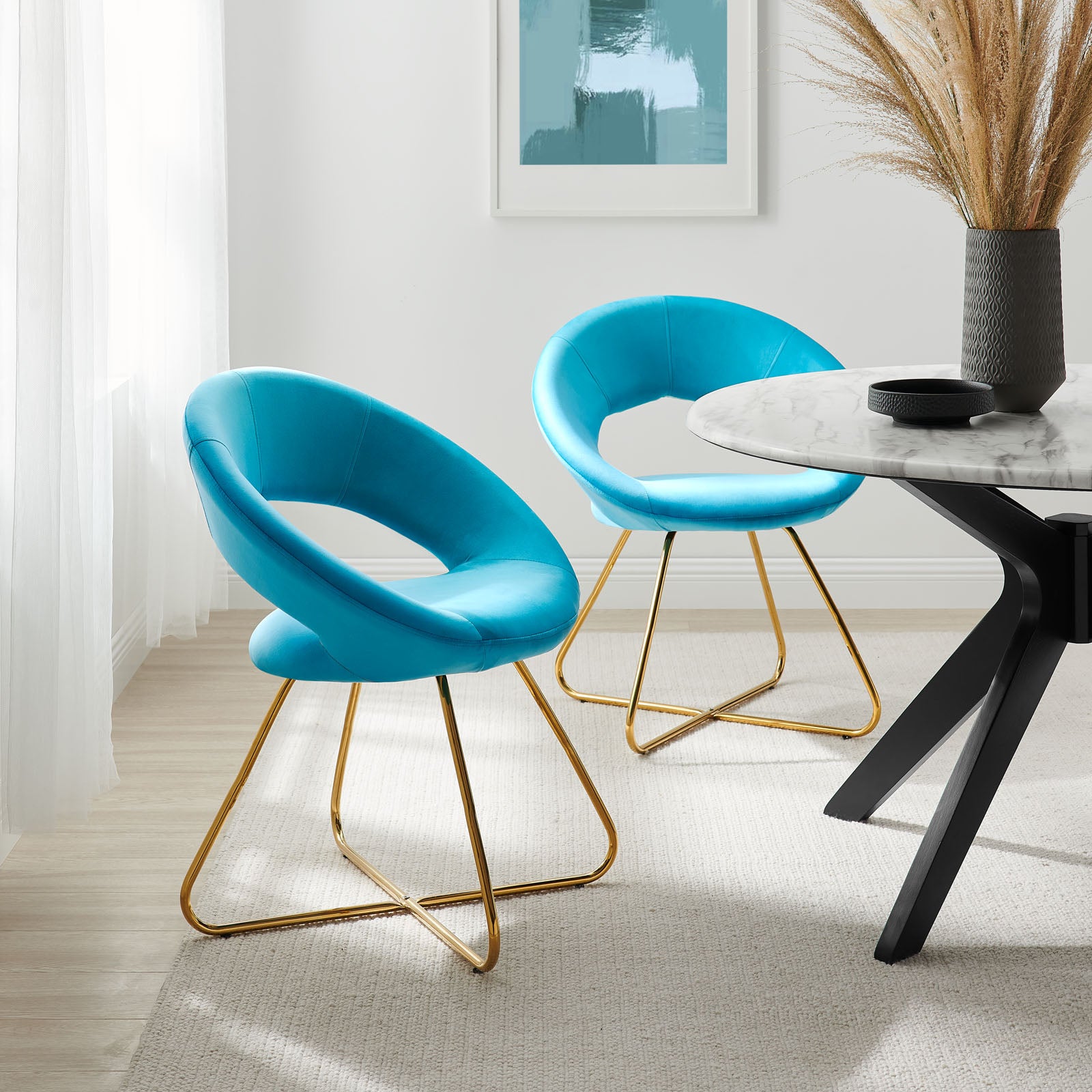 Modway Dining Chairs - Nouvelle Performance Velvet Dining Chair Set of 2 Gold Blue