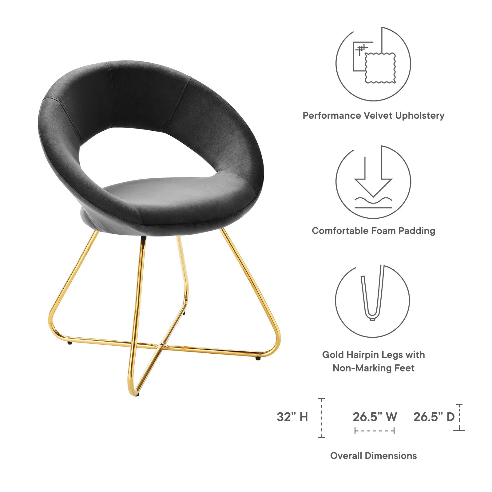 Modway Dining Chairs - Nouvelle Performance Velvet Dining Chair Set of 2 Gold Charcoal