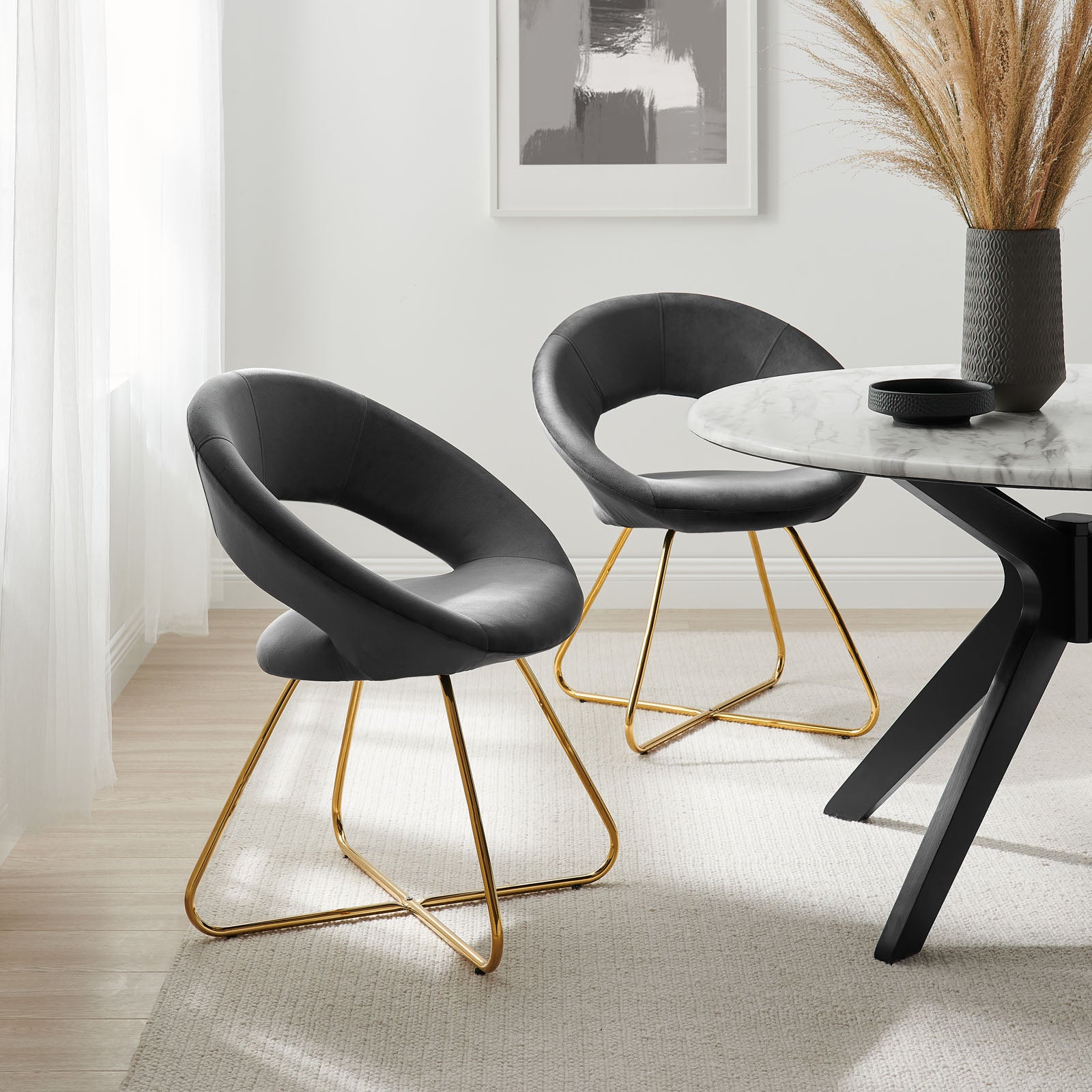Modway Dining Chairs - Nouvelle Performance Velvet Dining Chair Set of 2 Gold Charcoal