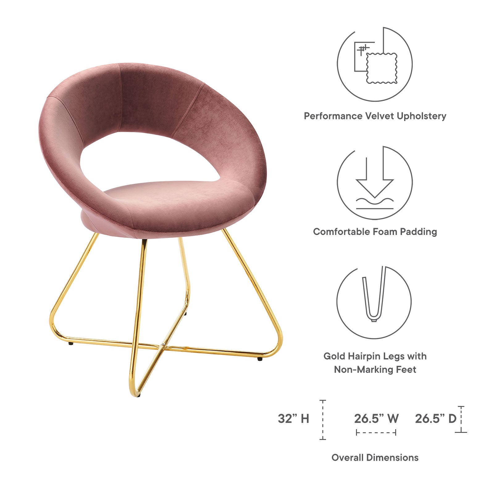 Modway Dining Chairs - Nouvelle Performance Velvet Dining Chair Set of 2 Gold Dusty Rose