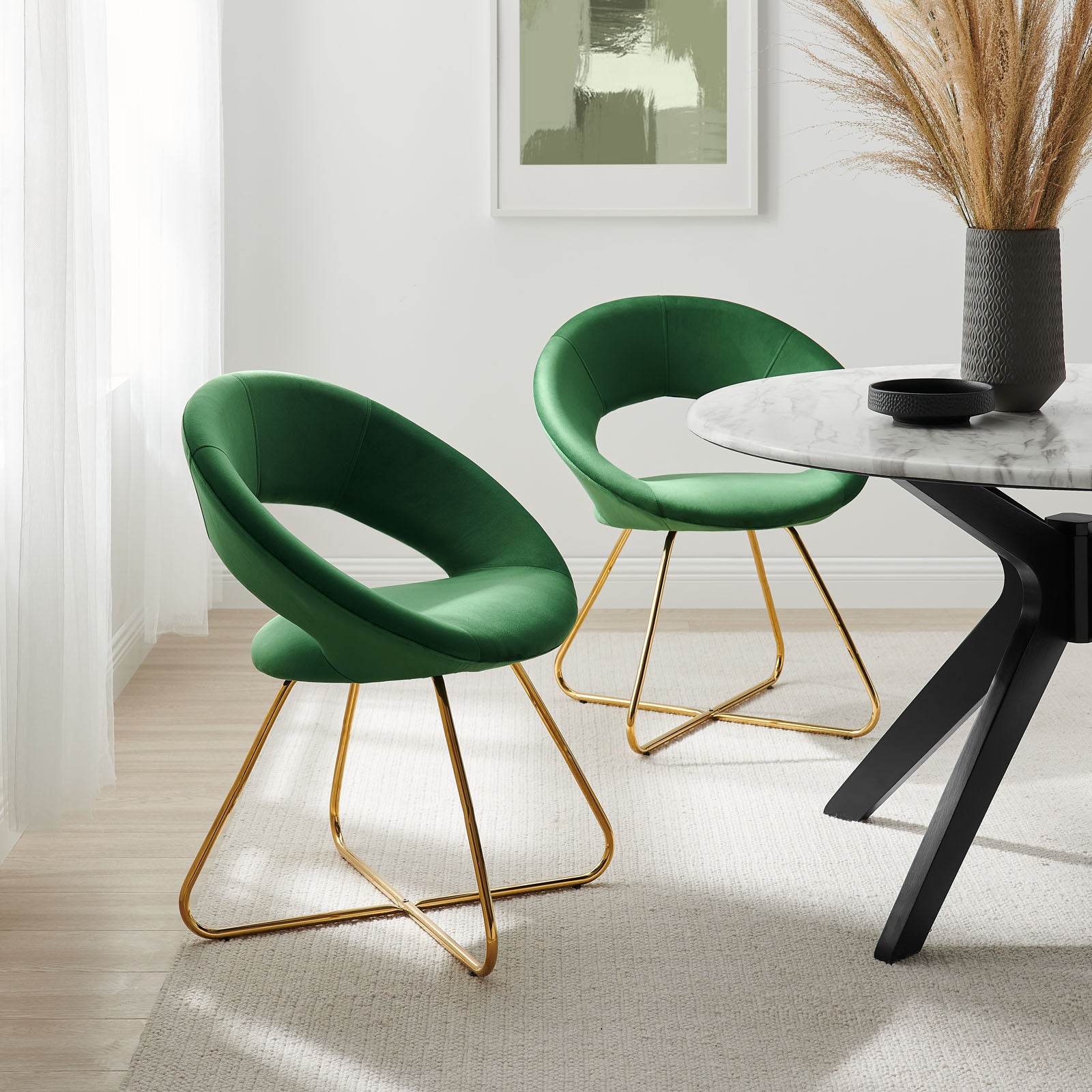 Modway Dining Chairs - Nouvelle Performance Velvet Dining Chair Set of 2 Gold Emerald