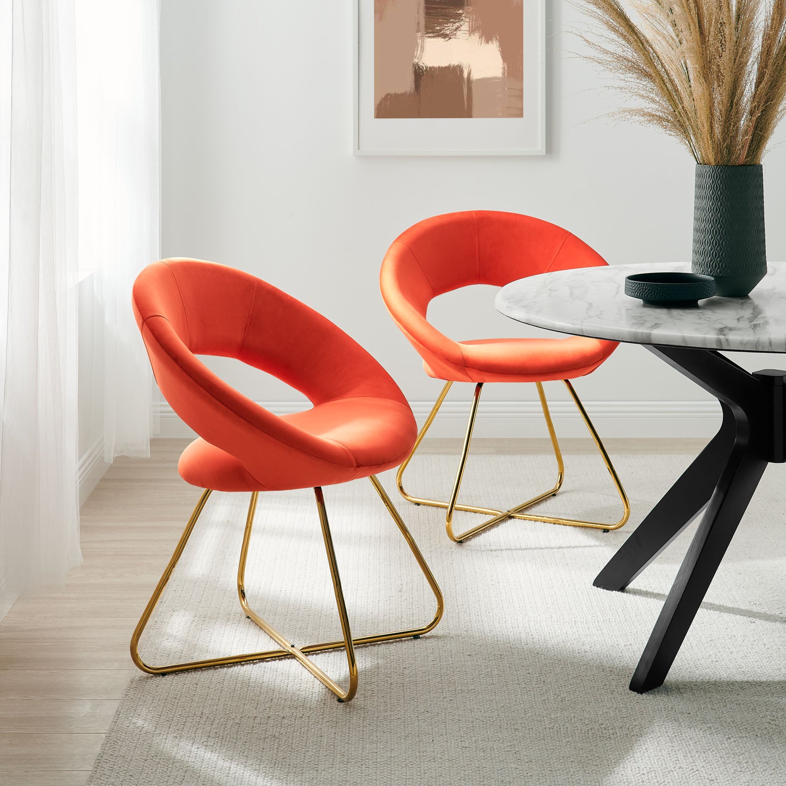 Modway Dining Chairs - Nouvelle Performance Velvet Dining Chair Set of 2 Gold Orange