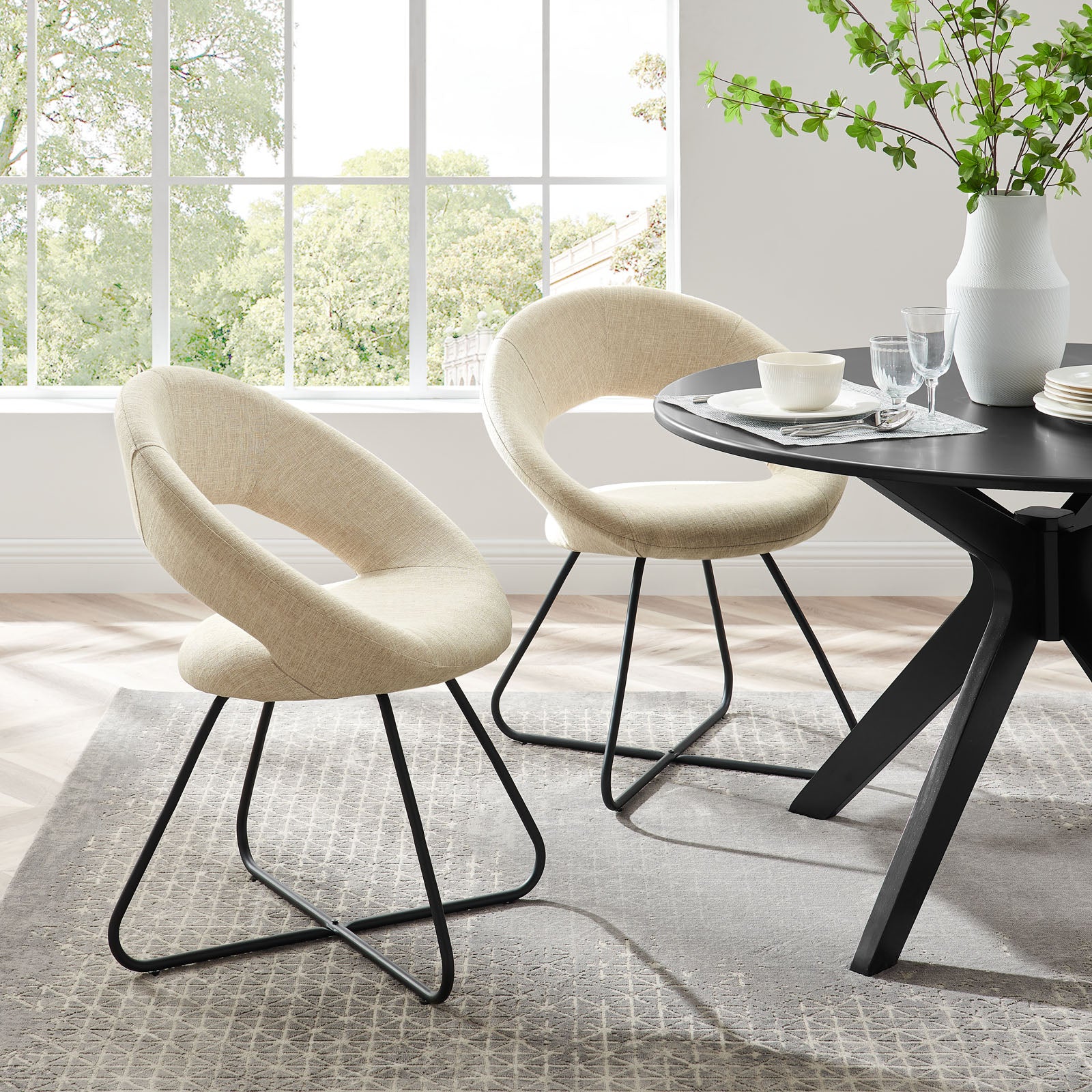 Modway Dining Chairs - Nouvelle Upholstered Fabric Dining Chair Set of 2 Black Beige