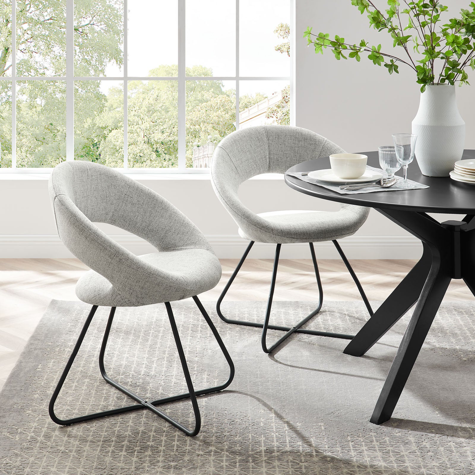 Modway Dining Chairs - Nouvelle Upholstered Fabric Dining Chair Set of 2 Black Light Gray