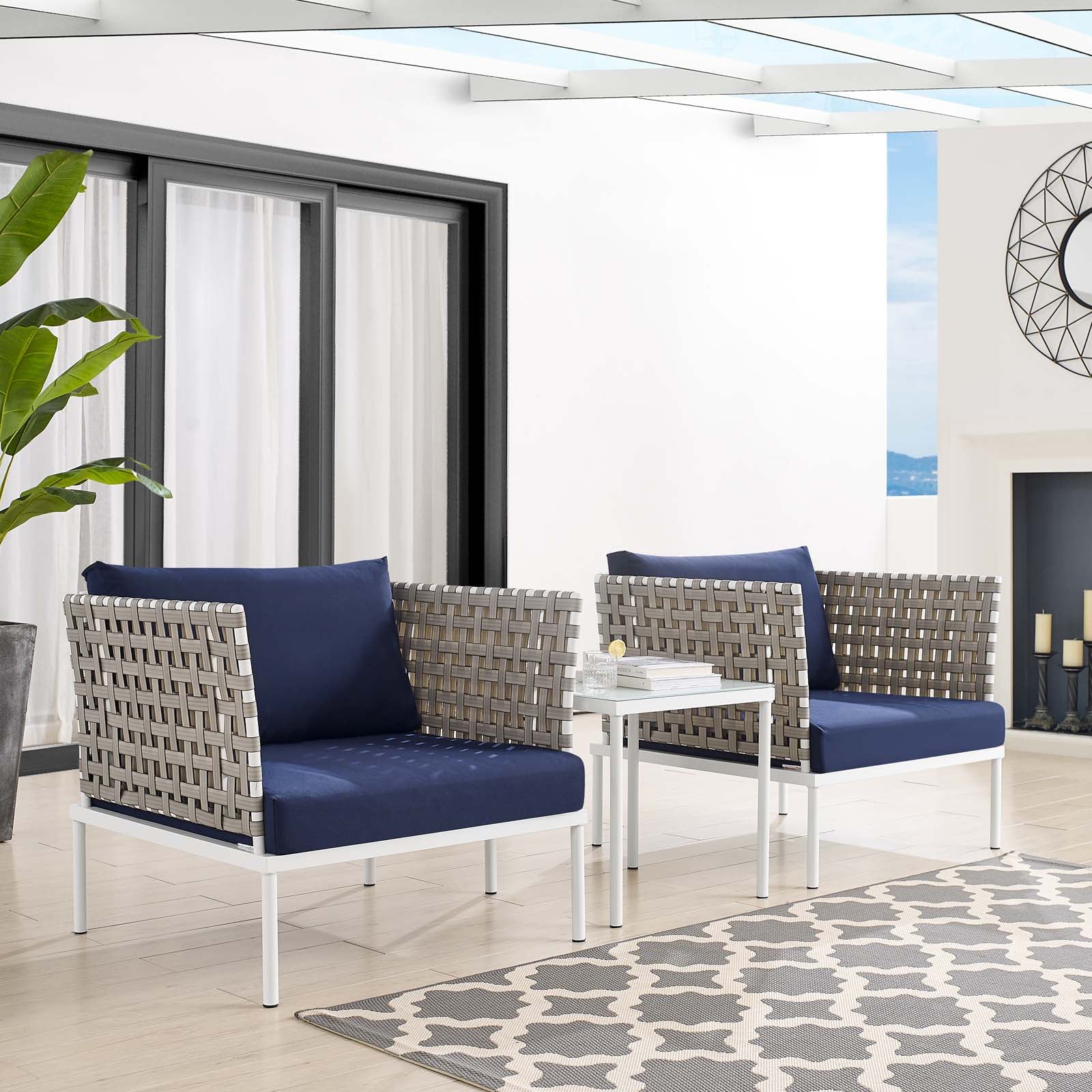 Modway Outdoor Conversation Sets - Harmony 3-Piece Sunbrella Basket Weave Outdoor Patio Aluminum Seating Set Tan Navy