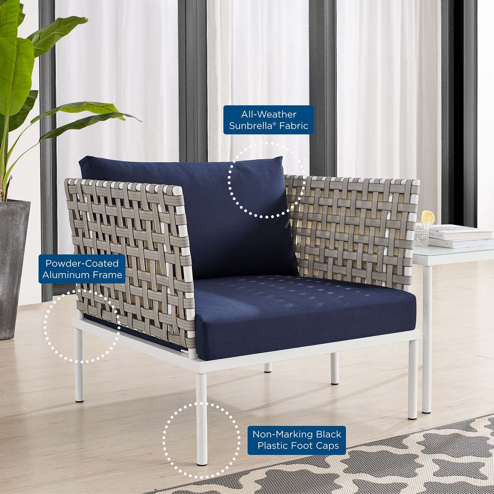 Modway Outdoor Conversation Sets - Harmony 3-Piece Sunbrella Basket Weave Outdoor Patio Aluminum Seating Set Tan Navy
