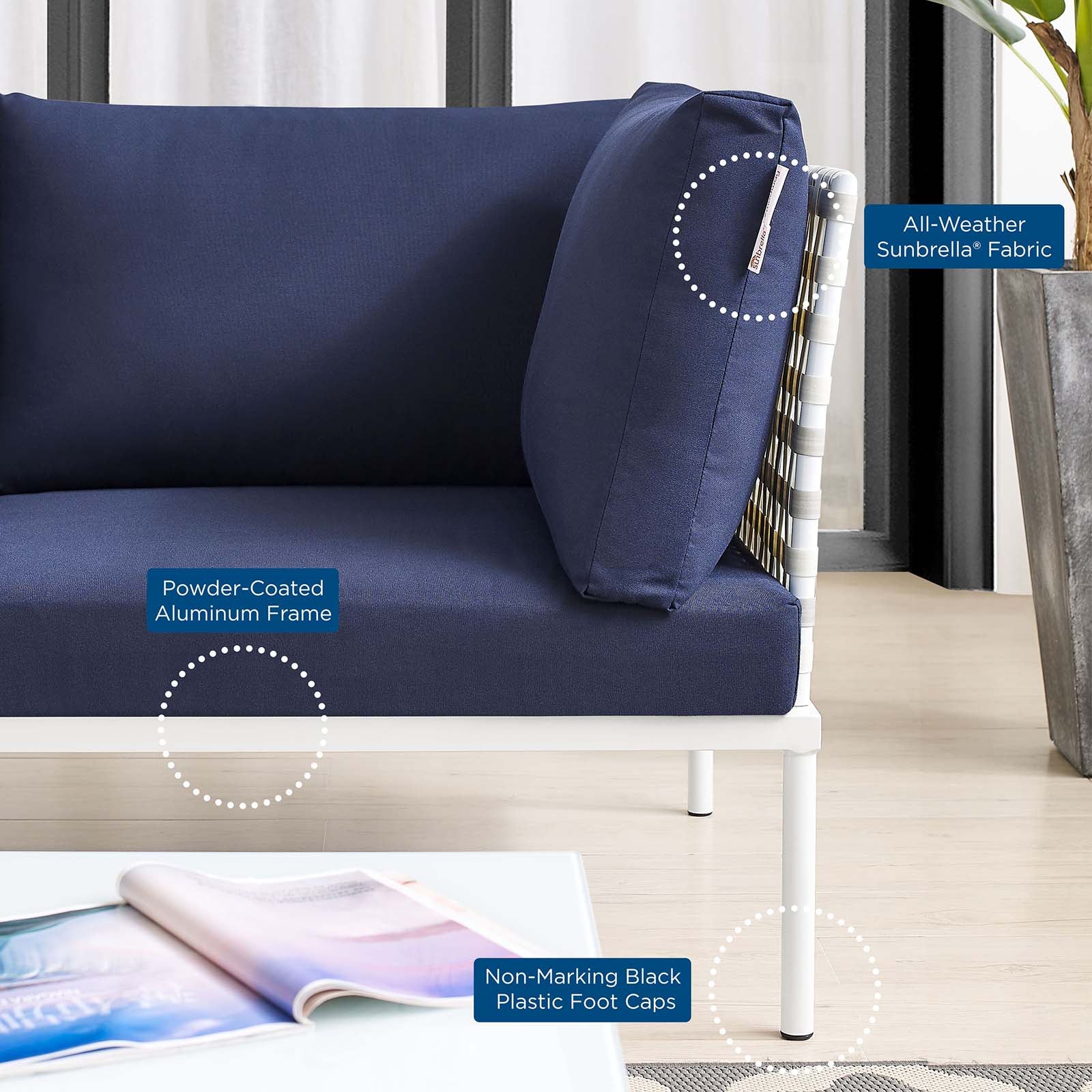 Modway Outdoor Conversation Sets - Harmony 4-Piece Sunbrella Basket Outdoor Patio Aluminum Seating Set Taupe Navy