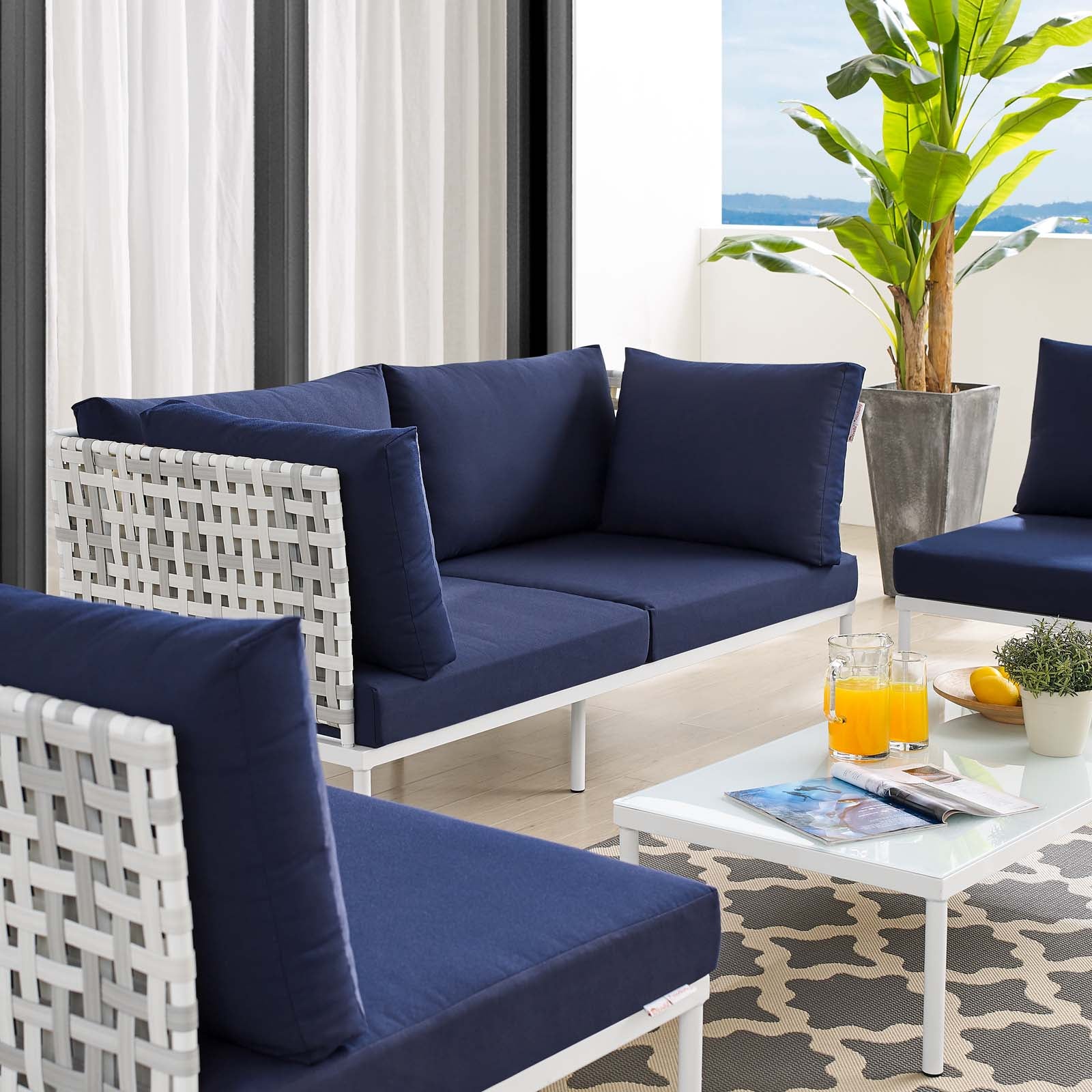 Modway Outdoor Conversation Sets - Harmony 4-Piece Sunbrella Basket Outdoor Patio Aluminum Seating Set Taupe Navy