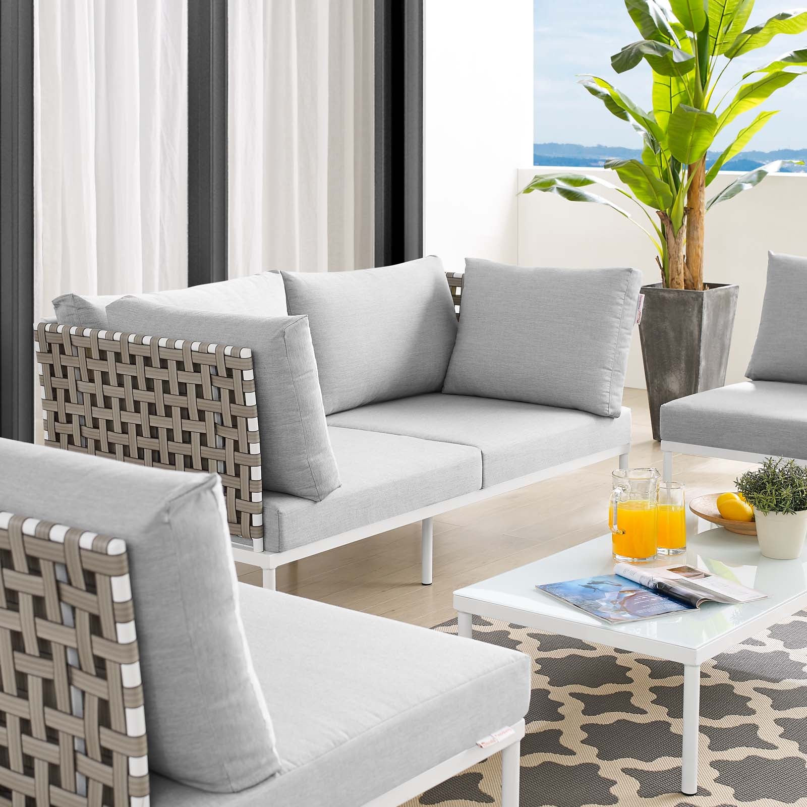 Modway Outdoor Conversation Sets - Harmony 4-Piece Sunbrella Basket Weave Outdoor Patio Aluminum Seating Set Tan Gray