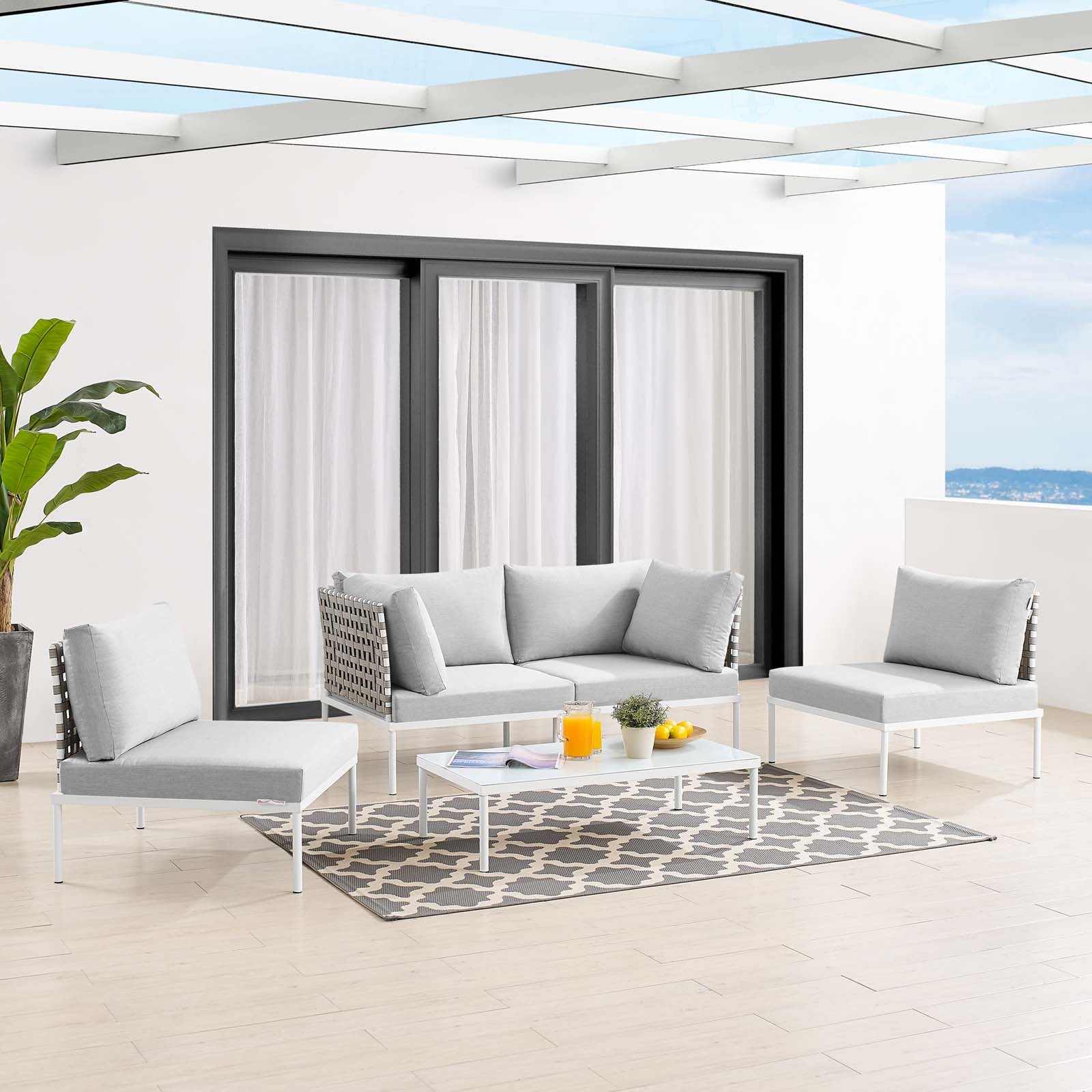 Modway Outdoor Conversation Sets - Harmony 4-Piece Sunbrella Basket Weave Outdoor Patio Aluminum Seating Set Tan Gray