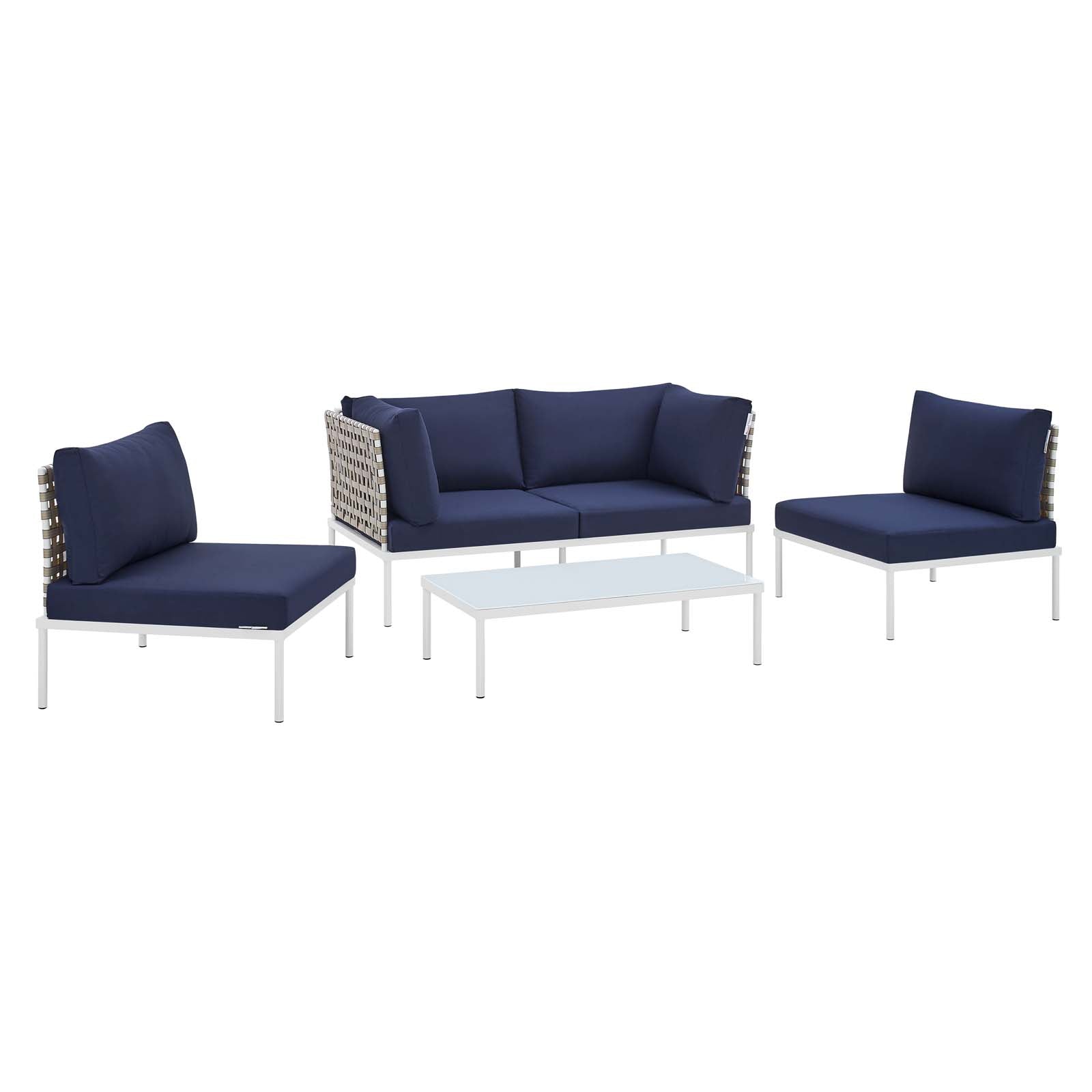 Modway Outdoor Conversation Sets - Harmony 4-Piece Sunbrella Basket Weave Outdoor Patio Aluminum Seating Set Tan Navy