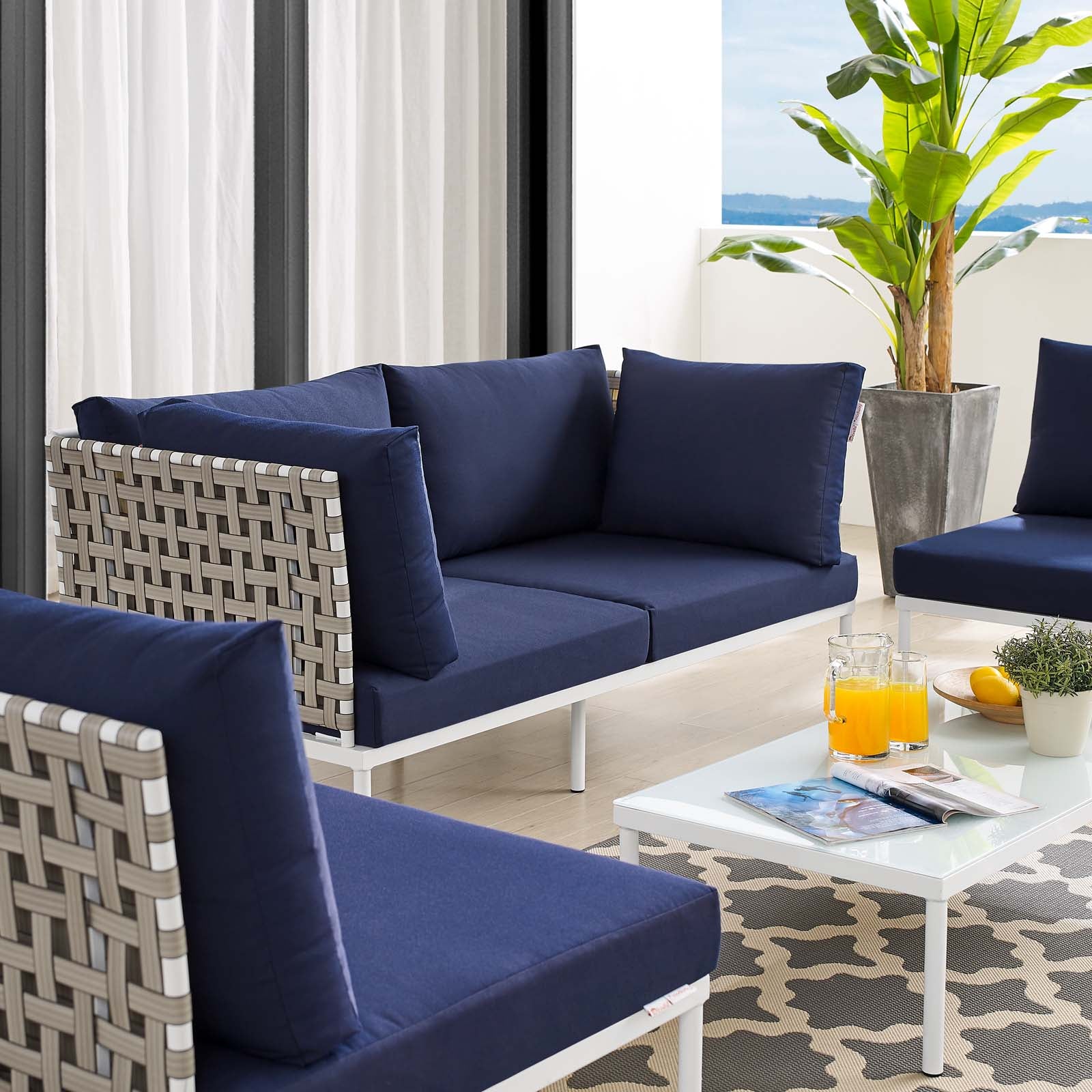 Modway Outdoor Conversation Sets - Harmony 4-Piece Sunbrella Basket Weave Outdoor Patio Aluminum Seating Set Tan Navy