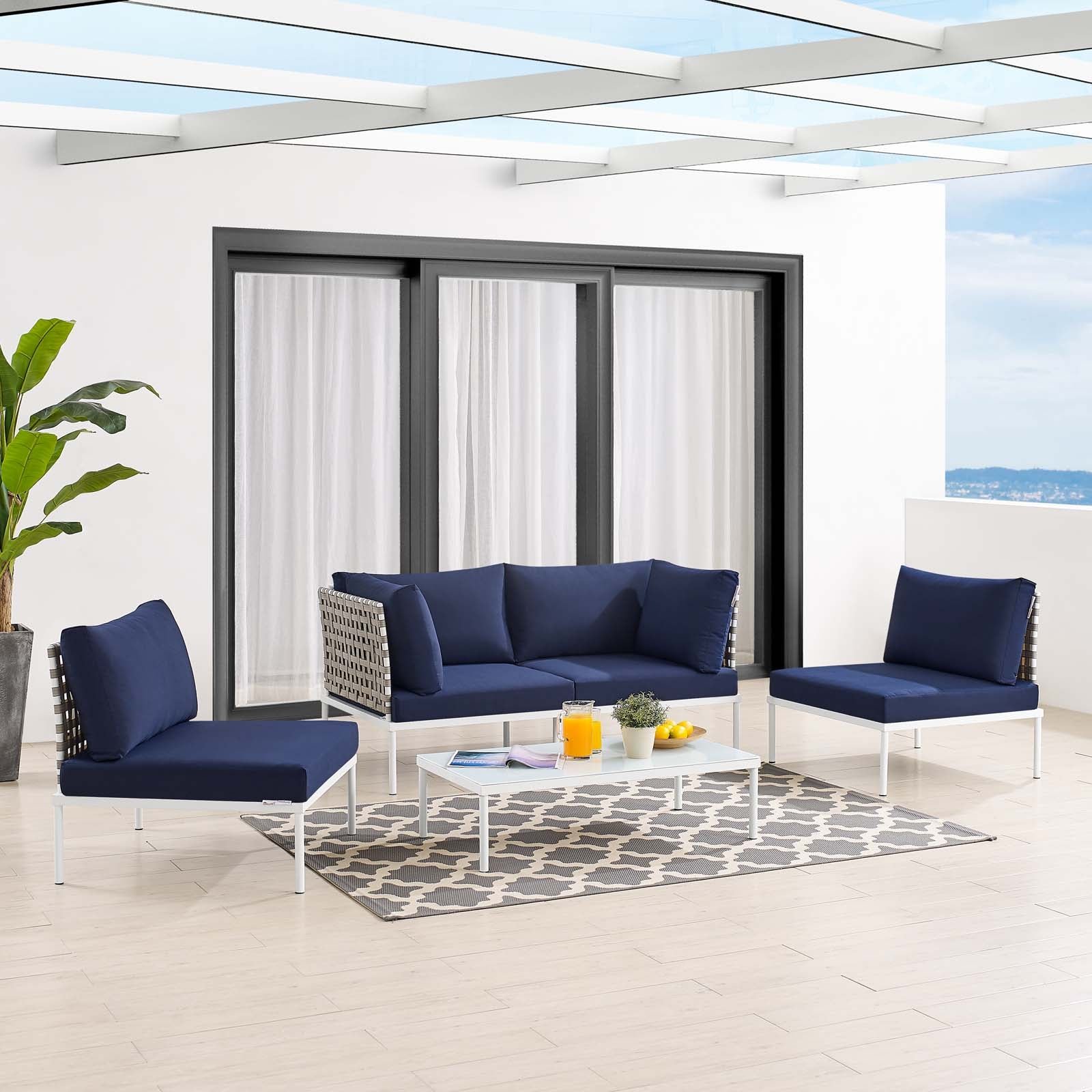 Modway Outdoor Conversation Sets - Harmony 4-Piece Sunbrella Basket Weave Outdoor Patio Aluminum Seating Set Tan Navy