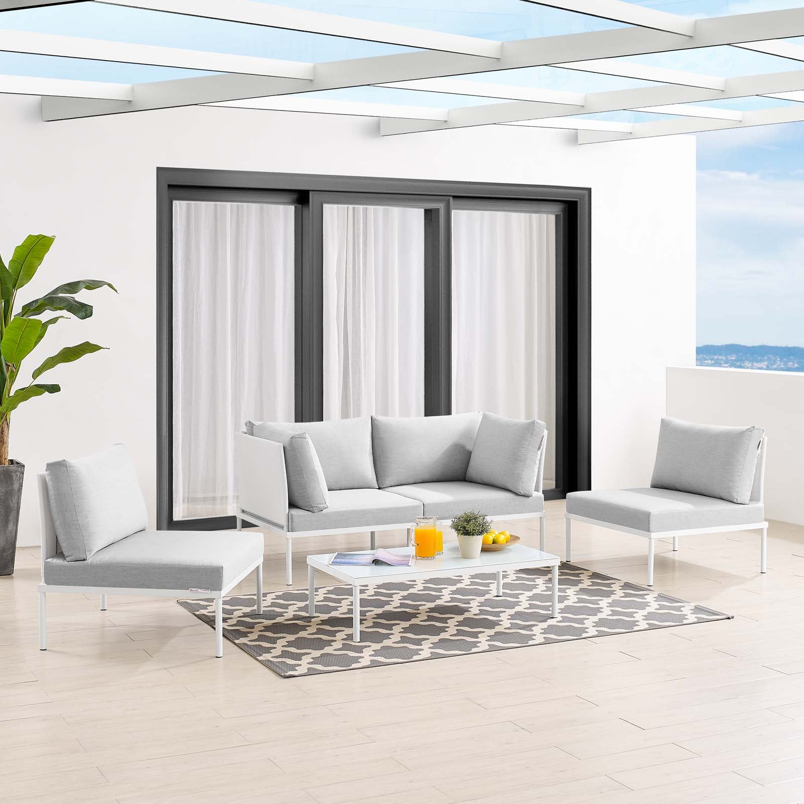 Modway Outdoor Conversation Sets - Harmony 4 Piece Sunbrella Outdoor Patio Aluminum Seating Set White Gray