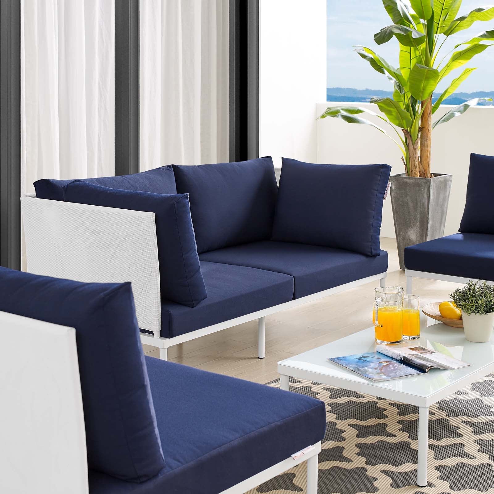 Modway Outdoor Conversation Sets - Harmony 4-Piece Sunbrella Outdoor Patio Aluminum Seating Set White Navy
