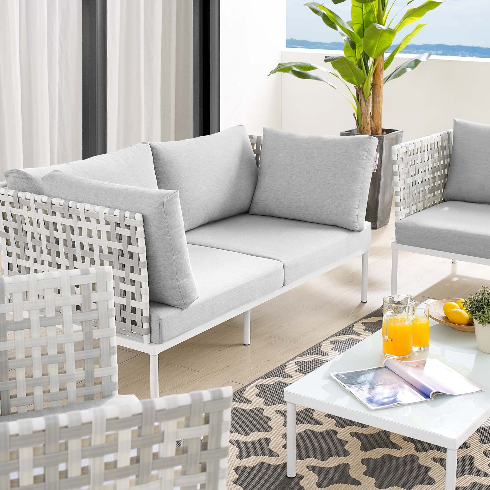 Modway Outdoor Conversation Sets - Harmony 5-Piece Sunbrella Basket Weave Outdoor Patio Aluminum Seating Set Taupe Gray