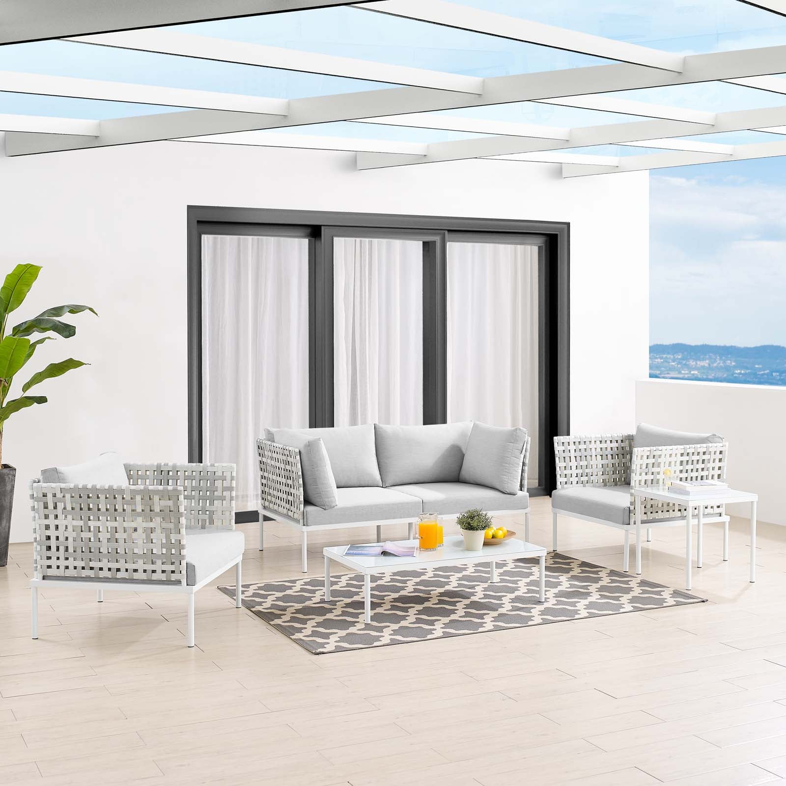 Modway Outdoor Conversation Sets - Harmony 5-Piece Sunbrella Basket Weave Outdoor Patio Aluminum Seating Set Taupe Gray