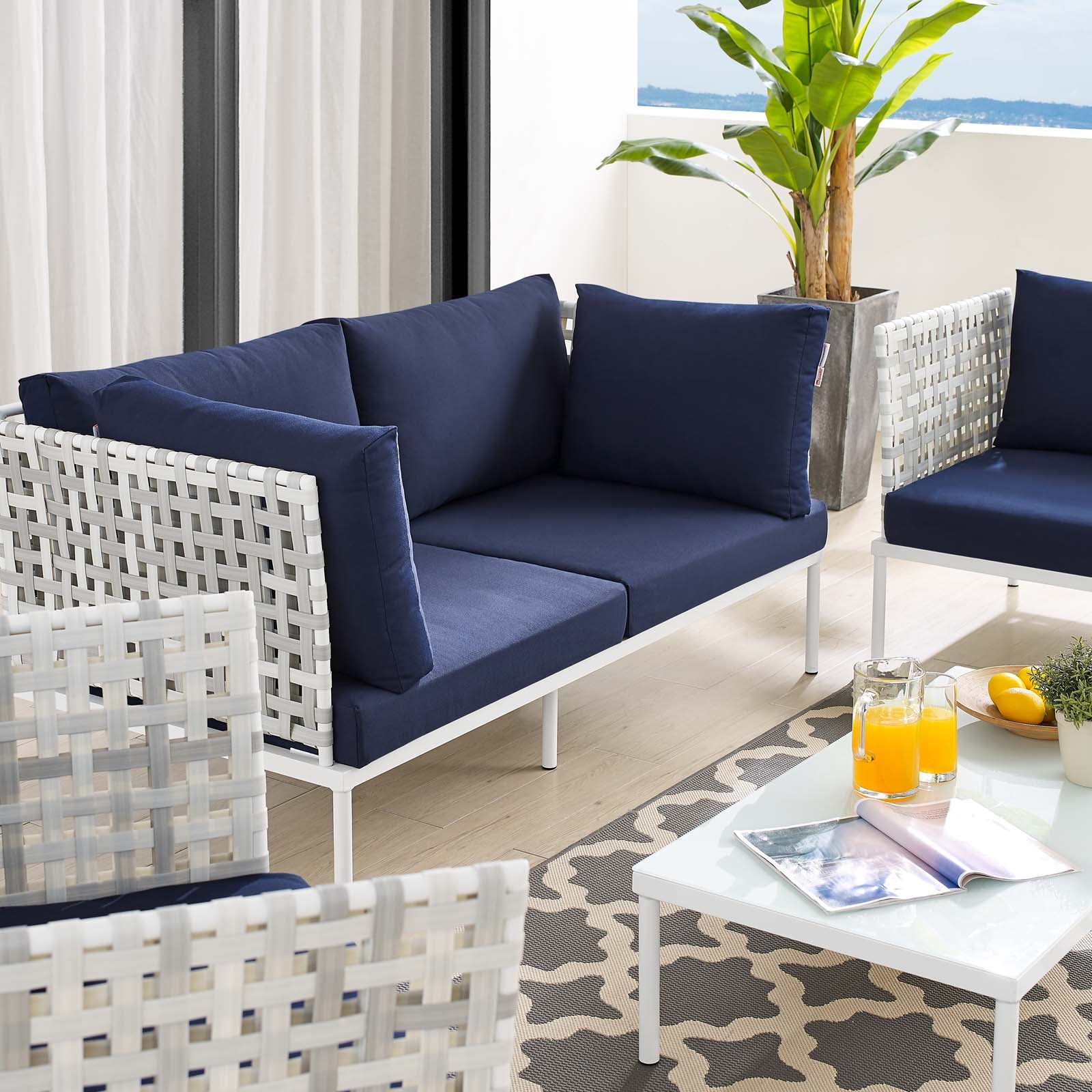 Modway Outdoor Sofas - Harmony-5-Piece--Sunbrella¨-Basket-Weave-Outdoor-Patio-Aluminum-Seating-Set-Taupe-Navy