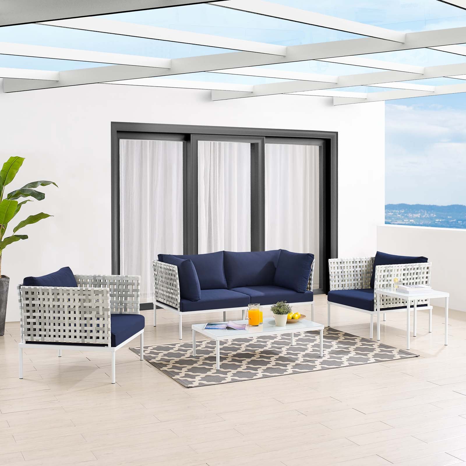 Modway Outdoor Sofas - Harmony-5-Piece--Sunbrella¨-Basket-Weave-Outdoor-Patio-Aluminum-Seating-Set-Taupe-Navy