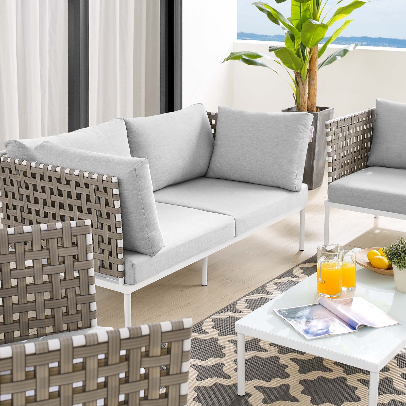 Modway Outdoor Conversation Sets - Harmony 5-Piece Sunbrella Basket Weave Outdoor Patio Aluminum Seating Set Tan Gray