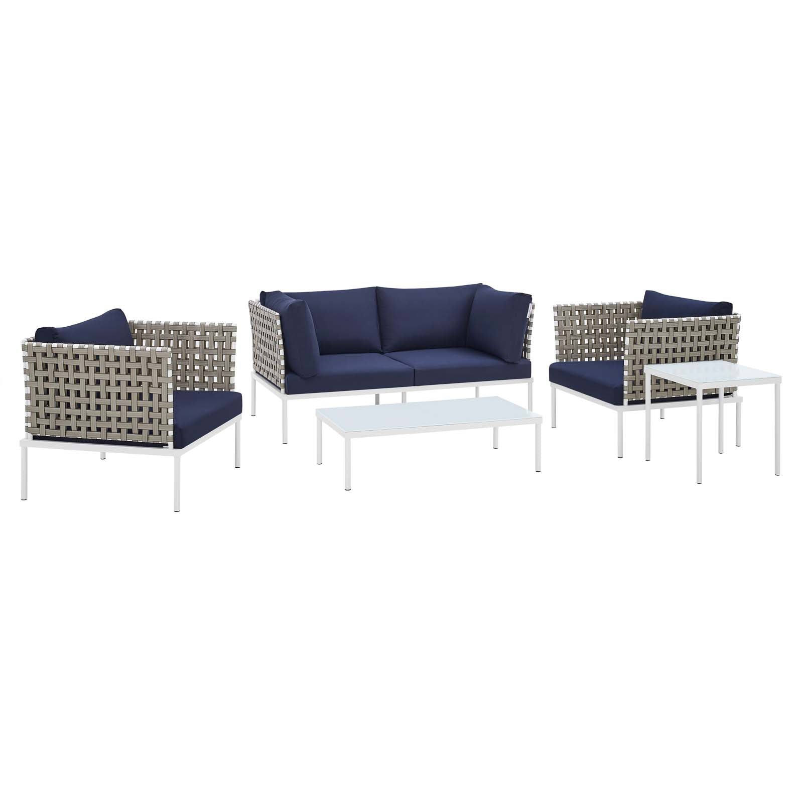 Modway Outdoor Conversation Sets - Harmony 5-Piece Sunbrella Basket Weave Outdoor Patio Aluminum Seating Set Tan Navy