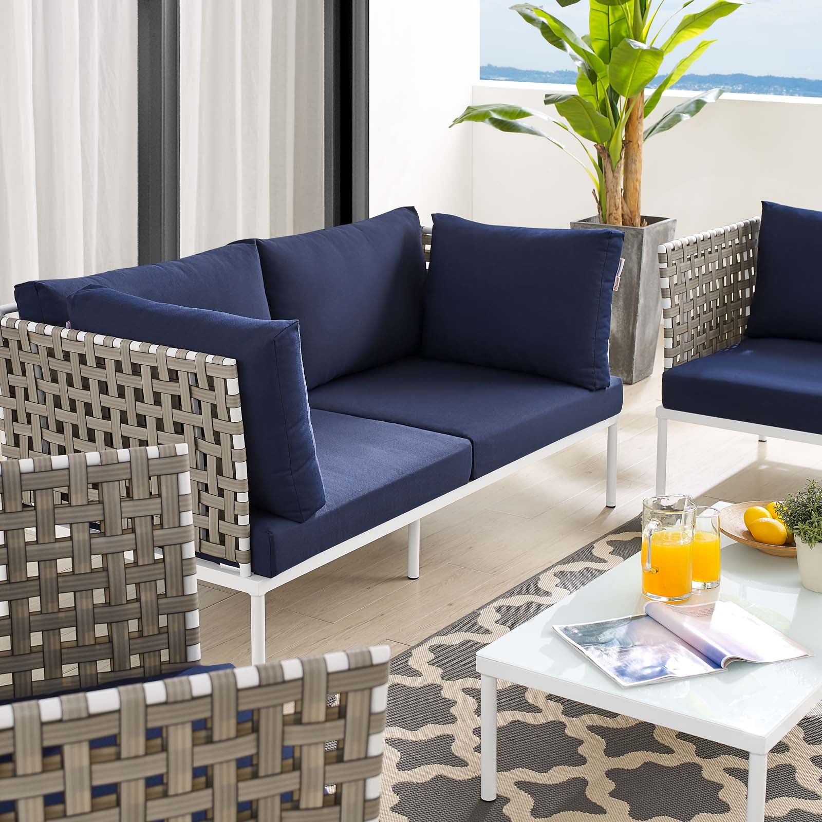 Modway Outdoor Conversation Sets - Harmony 5-Piece Sunbrella Basket Weave Outdoor Patio Aluminum Seating Set Tan Navy