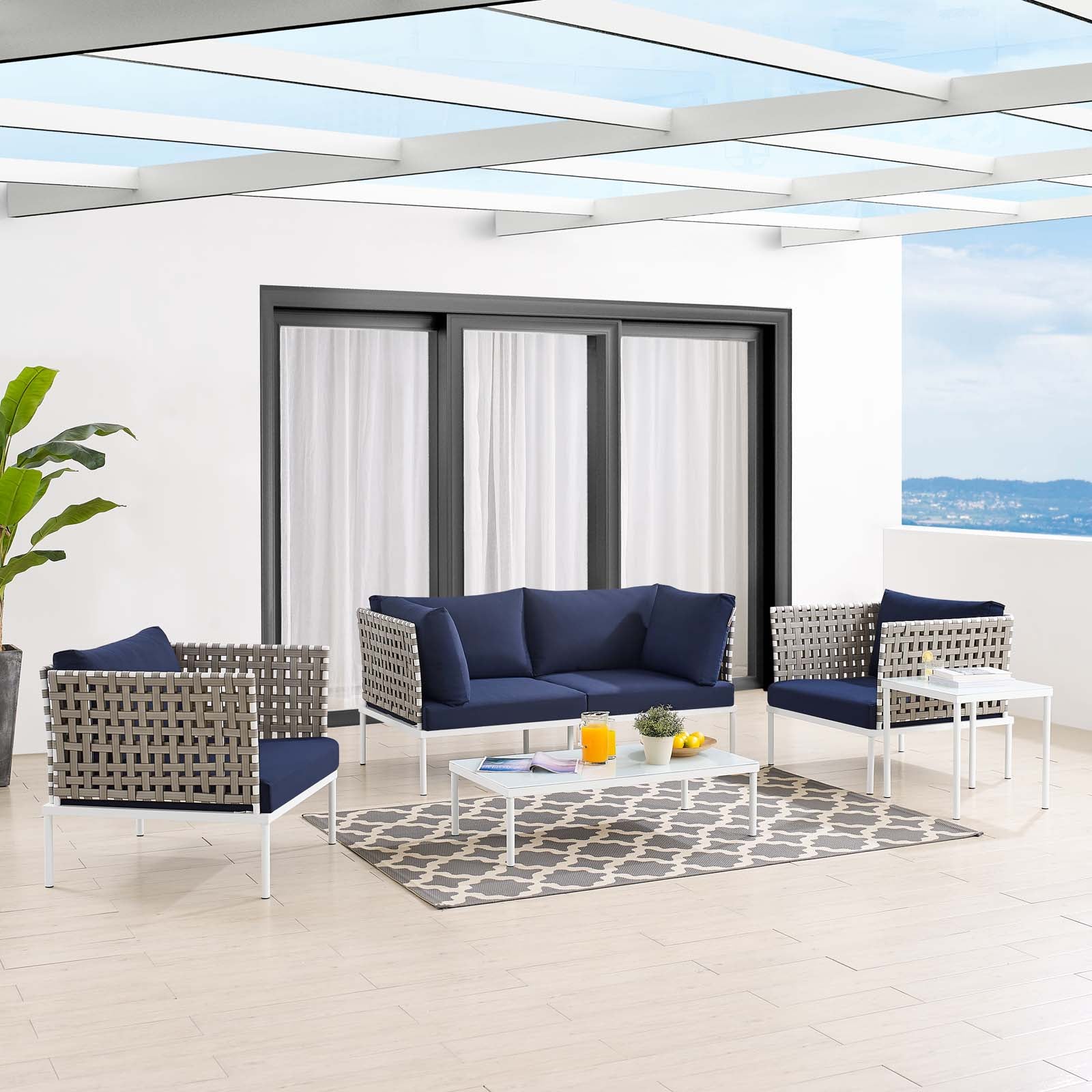Modway Outdoor Conversation Sets - Harmony 5-Piece Sunbrella Basket Weave Outdoor Patio Aluminum Seating Set Tan Navy