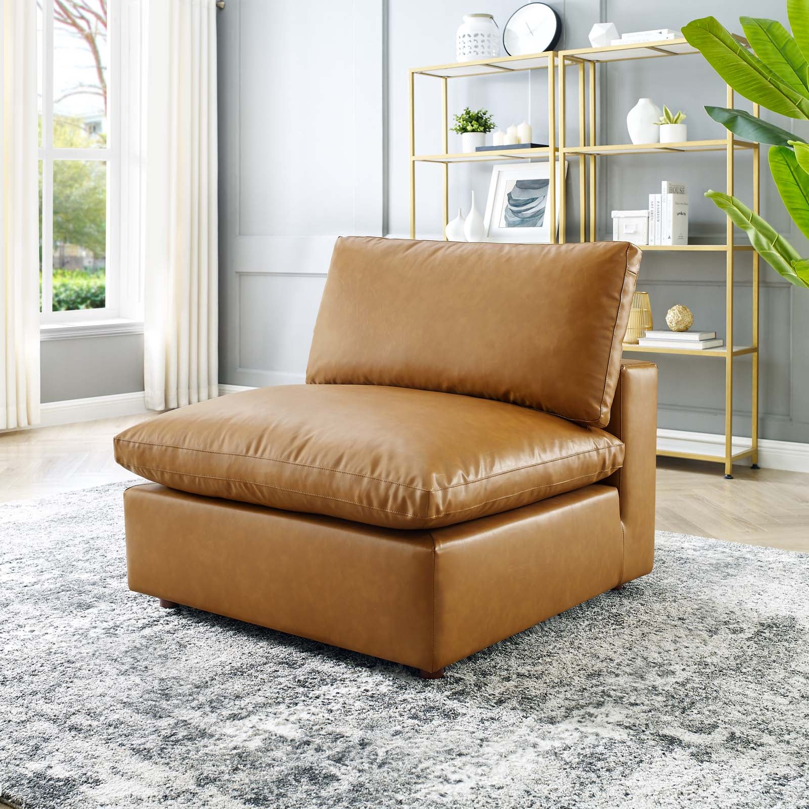 Modway Accent Chairs - Commix Down Filled Overstuffed Vegan Leather Armless Chair Tan