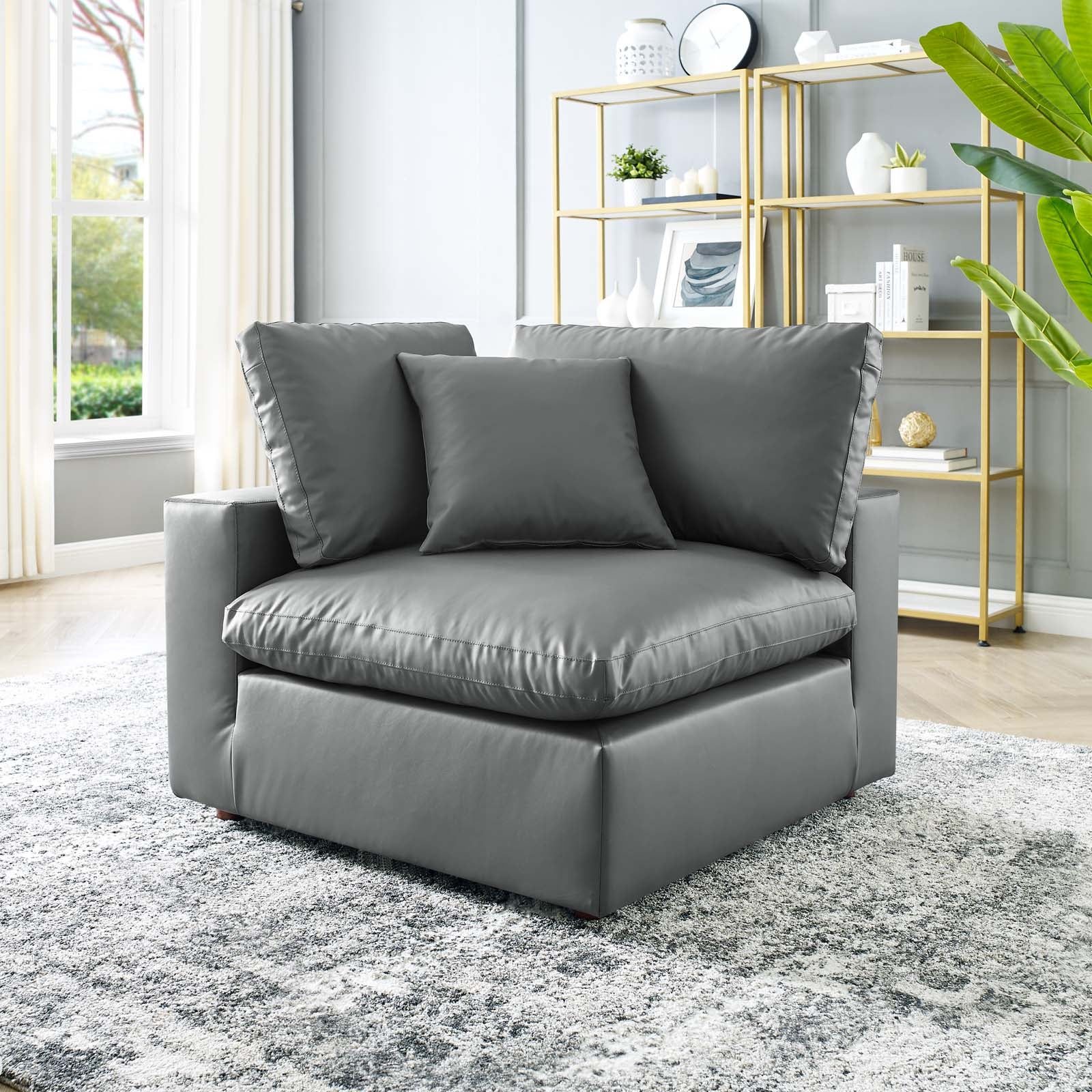 Modway Accent Chairs - Commix Down Filled Overstuffed Vegan Leather Corner Chair Gray