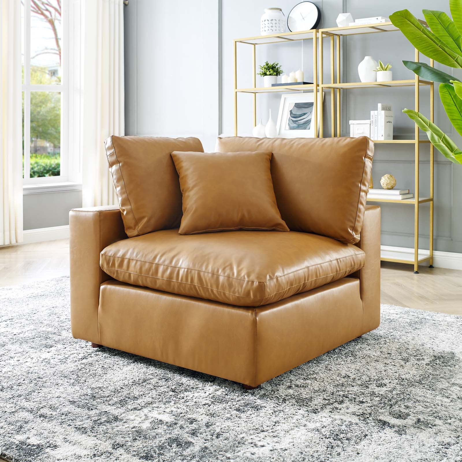 Modway Accent Chairs - Commix Down Filled Overstuffed Vegan Leather Corner Chair Tan