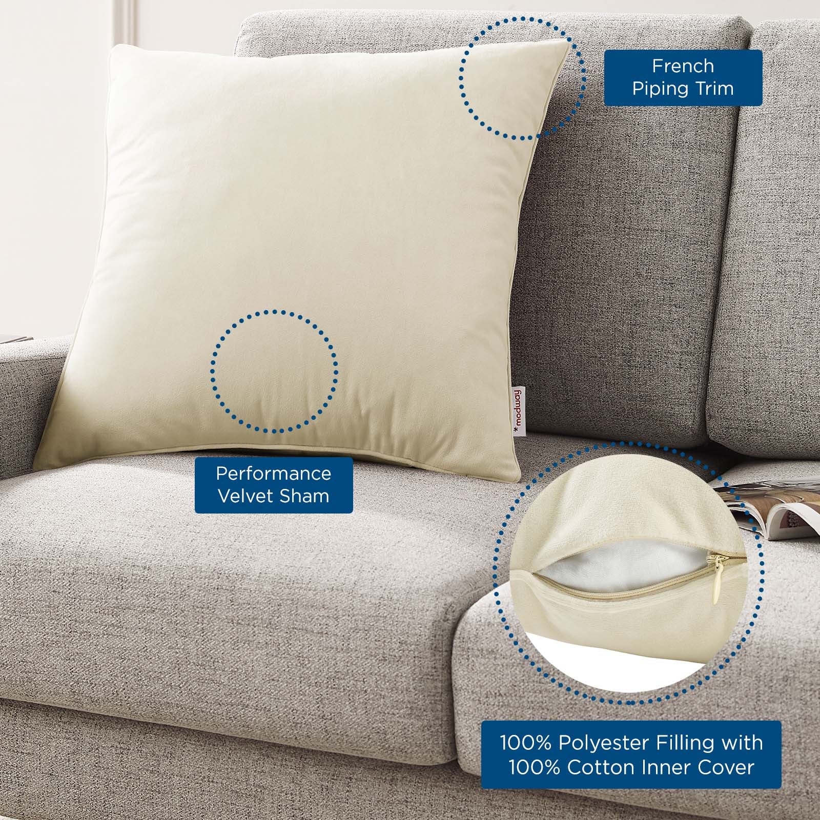 Modway Pillows & Throws - Enhance 20" Performance Velvet Throw Pillow Ivory