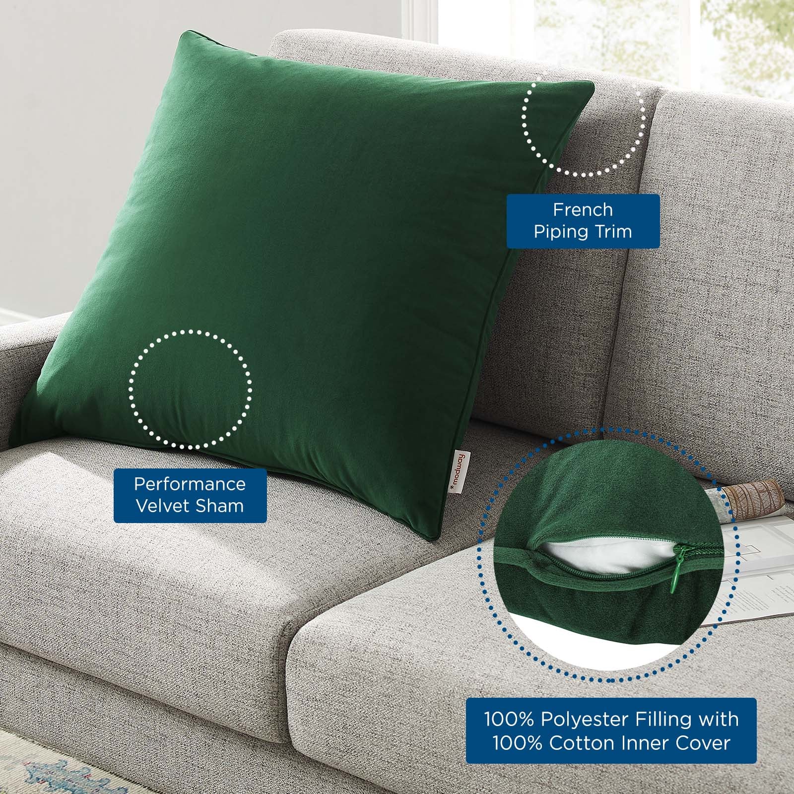 Modway Pillows & Throws - Enhance 24" Performance Velvet Throw Pillow Green