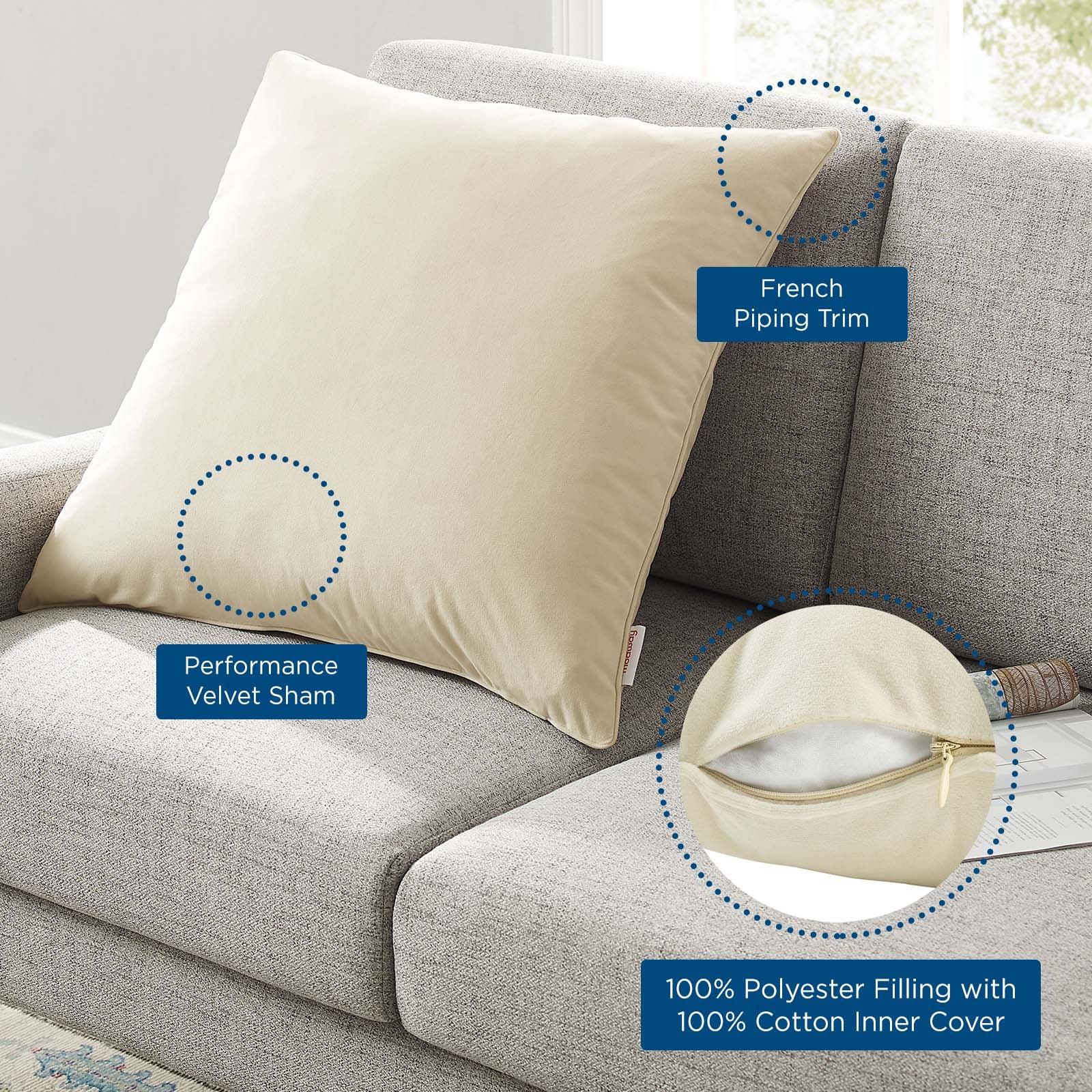 Modway Pillows & Throws - Enhance 24" Performance Velvet Throw Pillow Ivory