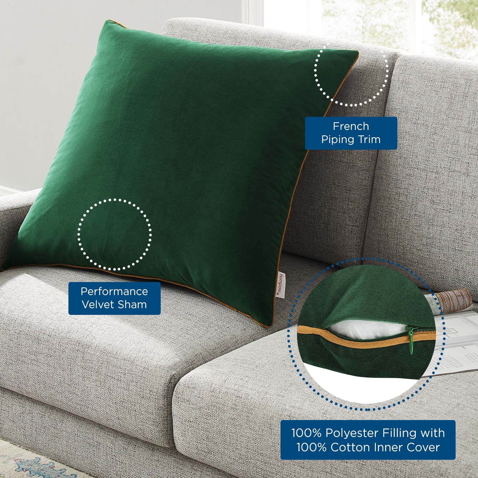 Modway Pillows & Throws - Accentuate 24" Performance Velvet Throw Pillow Green Cognac