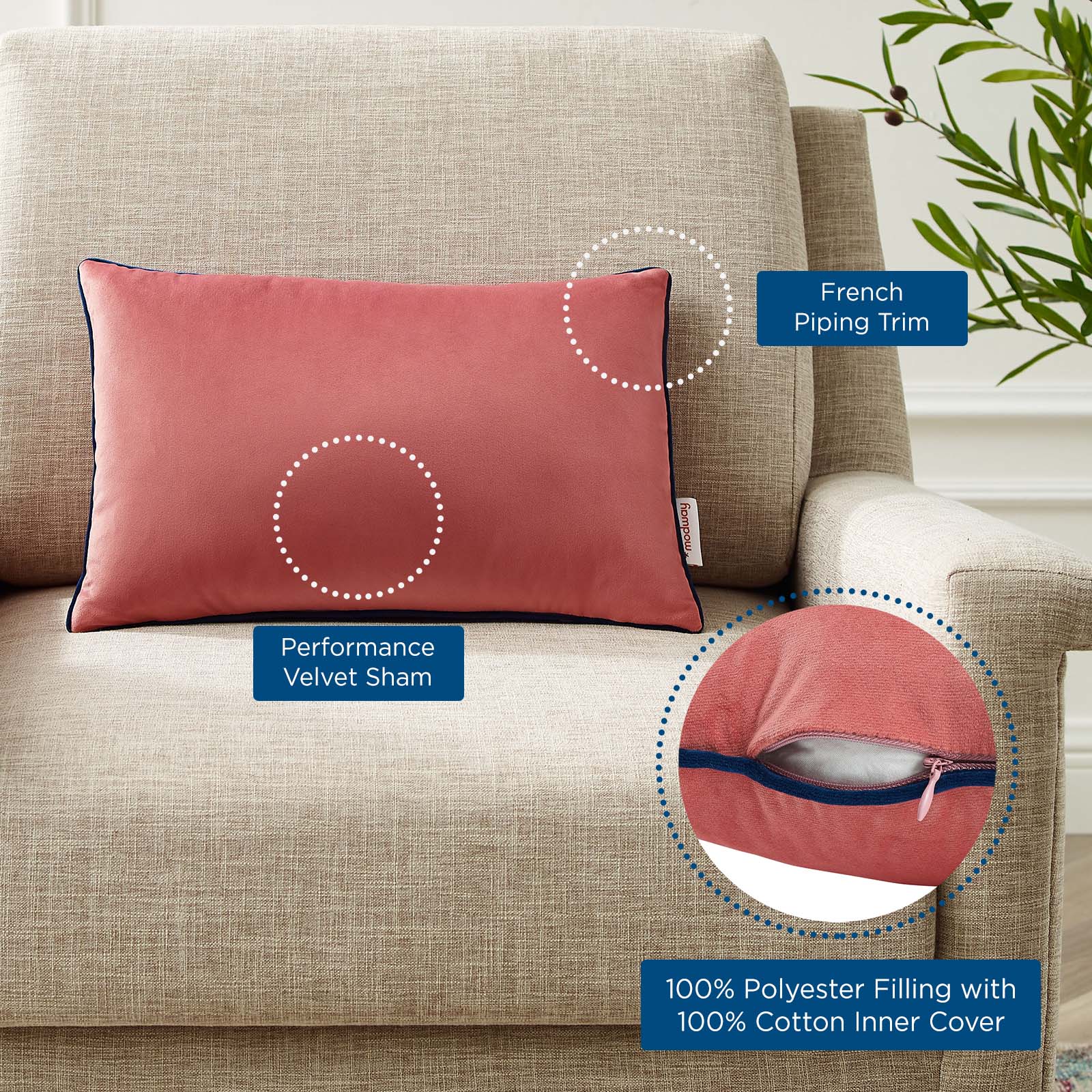 Modway Pillows & Throws - Accentuate 18" Lumbar Performance Velvet Throw Pillow Blossom Navy