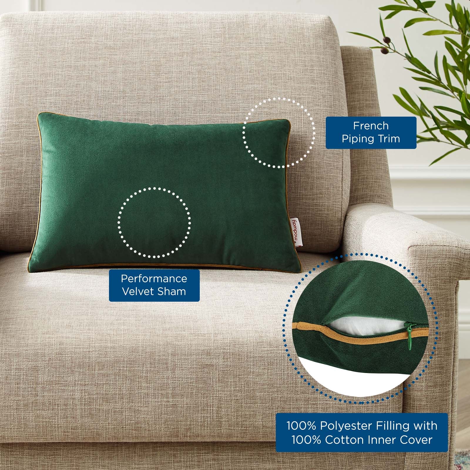 Modway Pillows & Throws - Accentuate 18" Lumbar Performance Velvet Throw Pillow Green Cognac